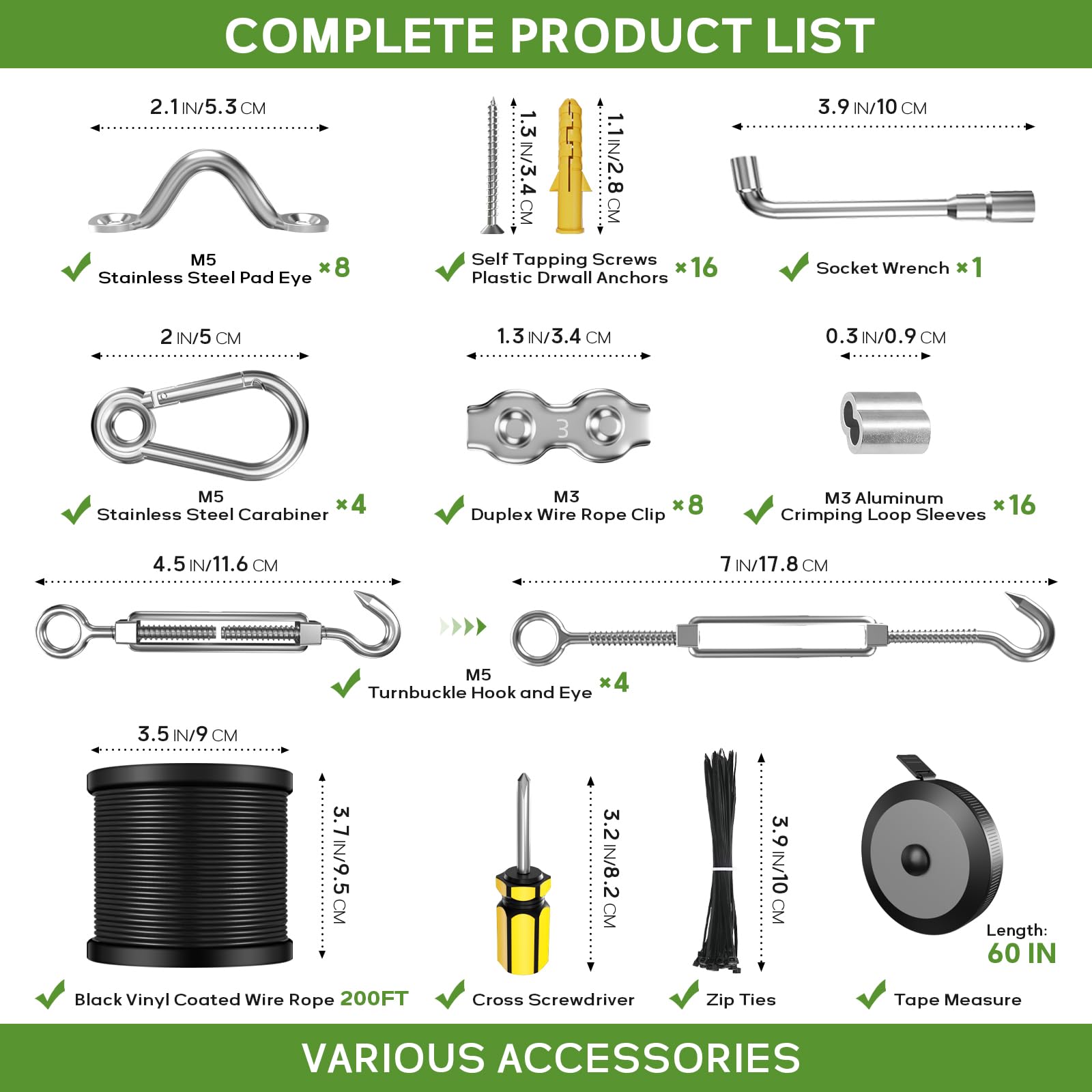 TESSKY String Light Hanging Kit with 200FT Vinyl Coated Stainless Steel 304 Wire Rope Suspension Kit Included Enough Accessories with Turnbuckles and Hooks for Patio, Garden and Wedding Lighting