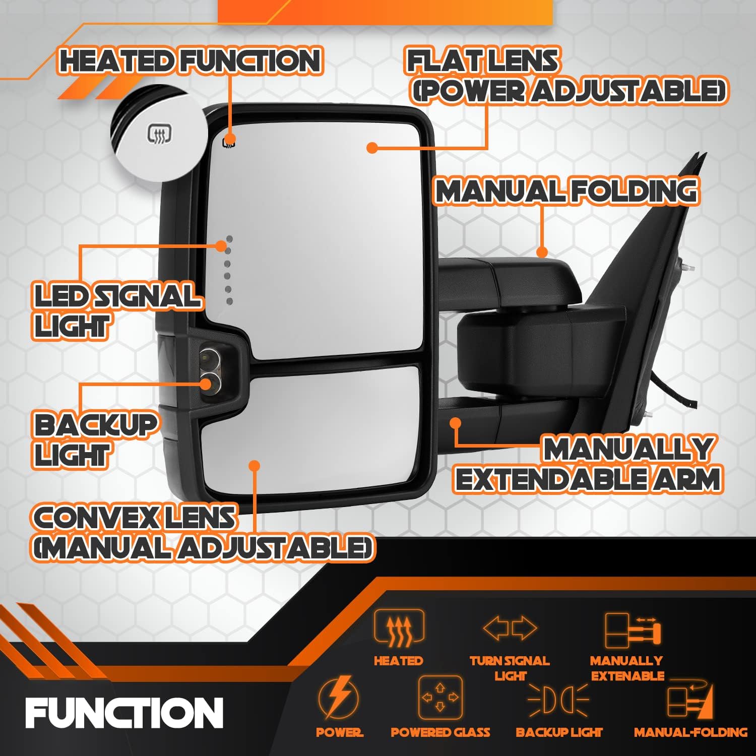 For 14-17 Silverado Power+Heated Smoke Sequential Signal Trailer Towing Mirrors