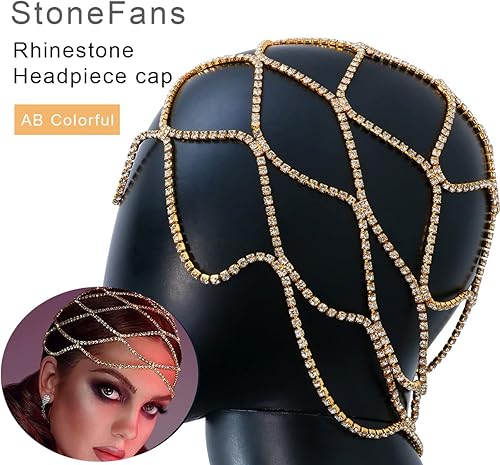 Miniatura 5 de StoneFans Gorra de malla negra con diamantes de imitación para mujeres y niñas de los años 20 para boda, cadena de cabeza, joyería para el cabello