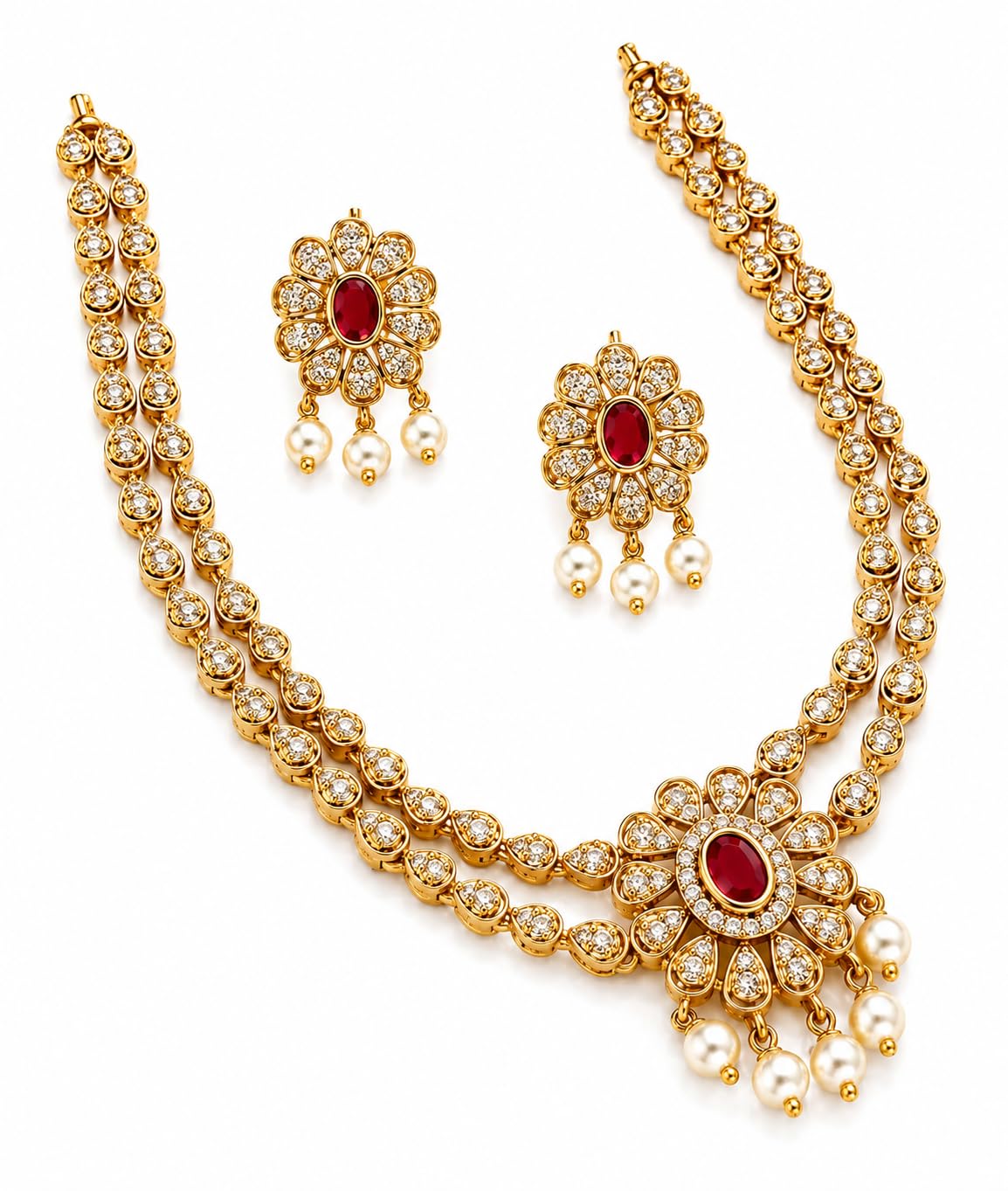 Red Stone Floral Double Layered Collar Necklace Set With Zircon Stone & Pearl Drops | Traditional Jewellery Set with Earrings Antique Micro Gold-Plated for Women & Girls-picture-39