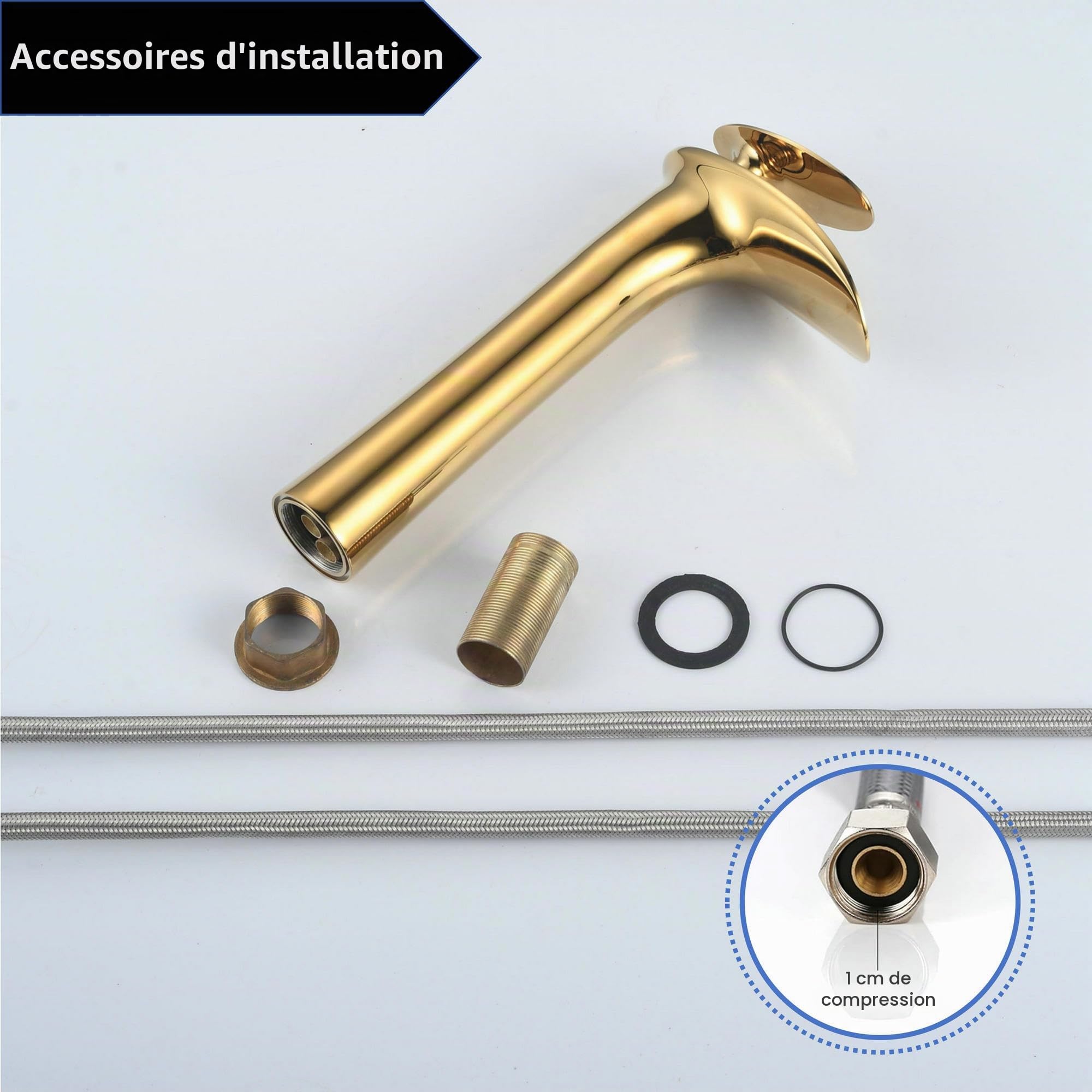 Mitigeur de Lavabo Cascade Doré: Robinet Salle de Bain Haute - Robinet pour Vasque - Robinettrie Or en Laiton SHUNLI