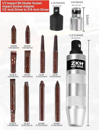 Miniatura 4 de ZKH Destornillador de impacto manual CR-V de 12 pulgada, destornillador de impacto manual reversible que incluye 12 piezas ranuradas, Phillips,