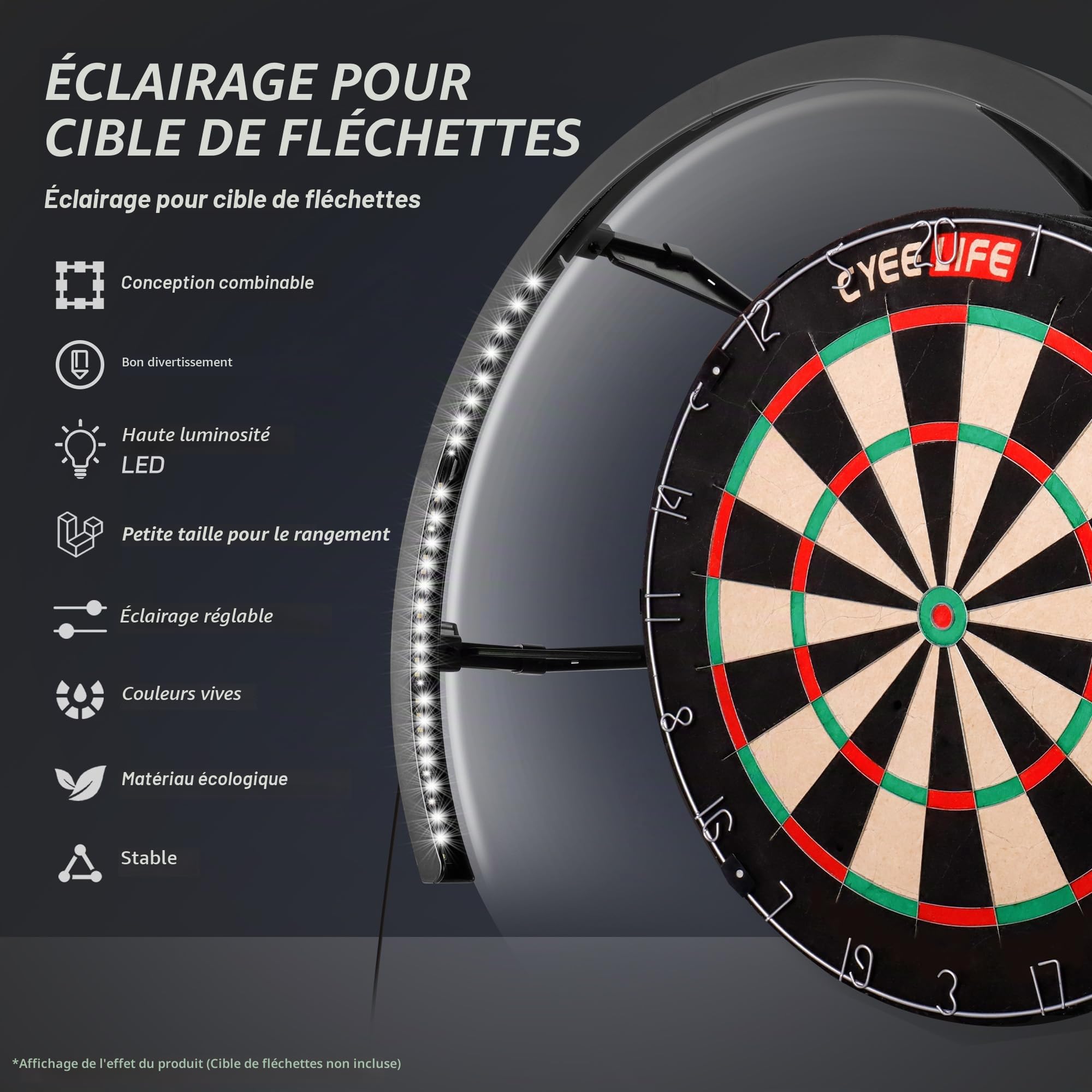 CyeeLife Éclairage LED pour cibles de fléchettes - Système d'éclairage LED - s'adapte en Toute sécurité à Toutes Les Planches de fléchettes, Montage Facile (Noir, 270°)
