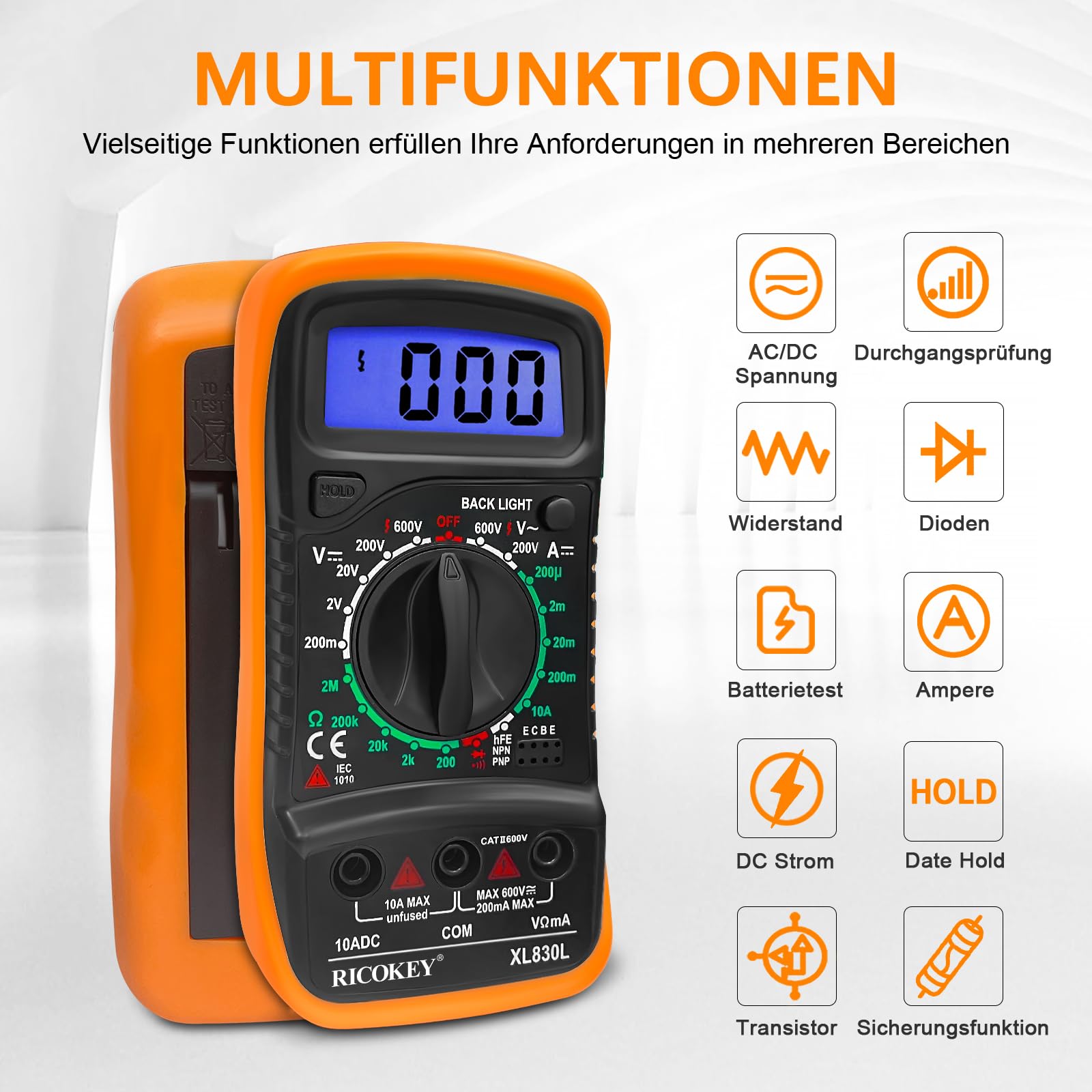 Besuche den RICOKEY- Digital Multimeter Voltmeter Batterietester Spannungsprüfer Durchgangsprüfer Ohm Volt Ampere Messgerät AC/DC Spannung Strom Widerstand Diode Transistor, Großes LCD Anzeige und Hintergrundlicht in use