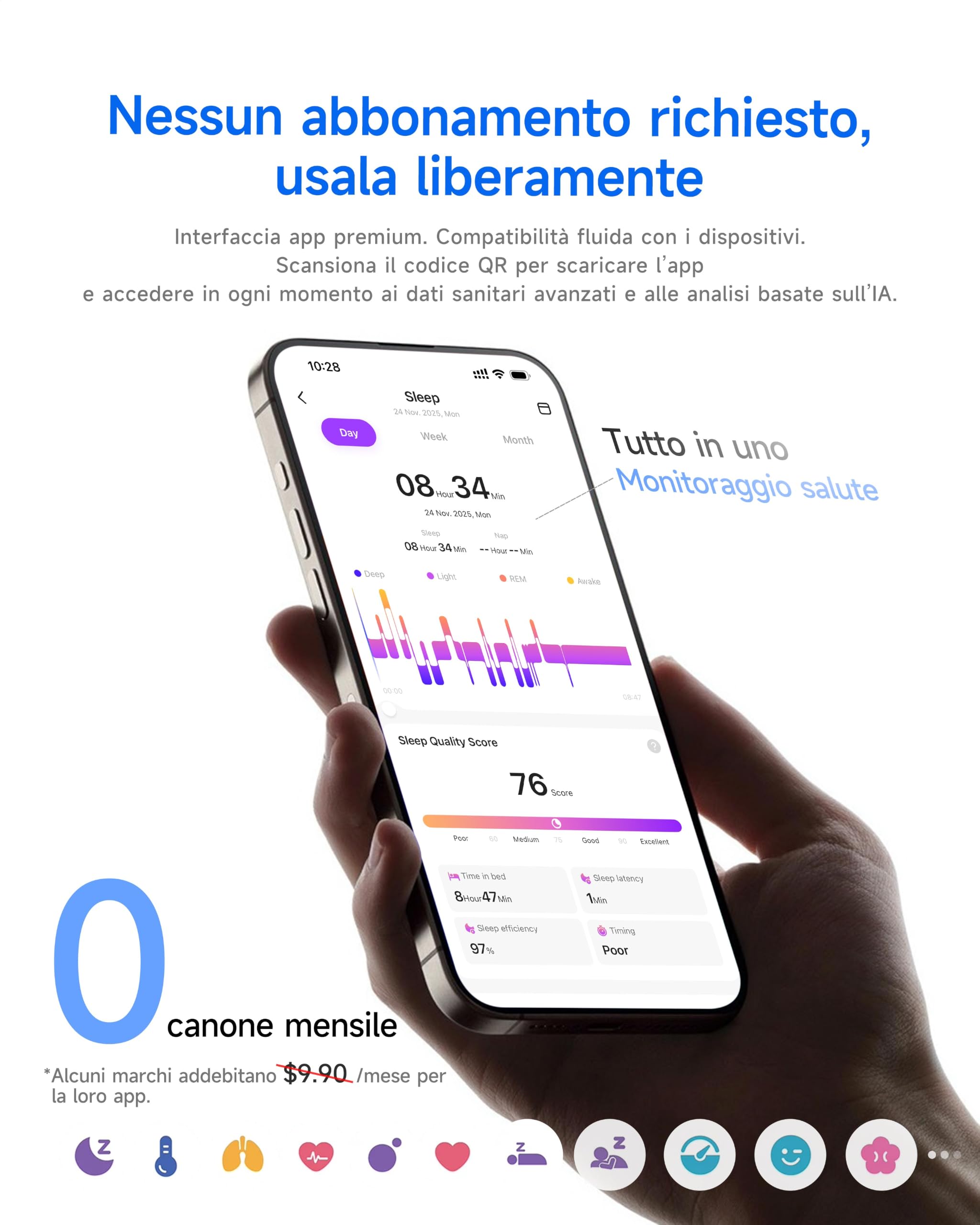 HOU Anello Smart, Nessun Abbonamento, Ceramica Nera, Misura 11 | Monitoraggio Sonno e SpO2丨Frequenza Cardiaca丨Impermeabile IP68丨Batteria fino a 30 giorni丨Oltre 100 modalità sportive