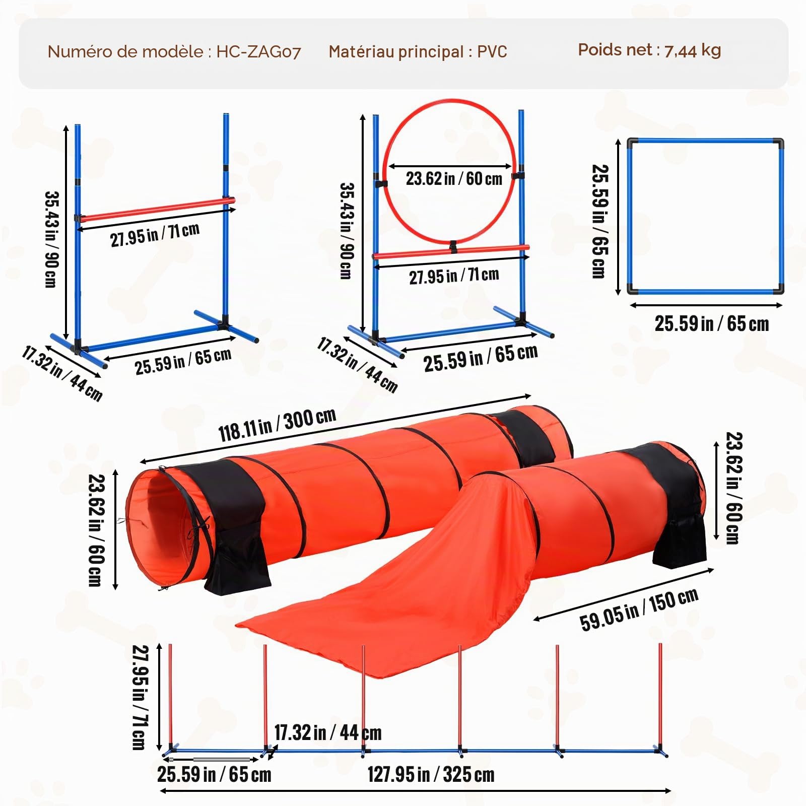 VEVOR Kit Équipements d'Entraînement Agilité pour Chien, Ensemble 7PCS, Parcours Obstacles pour Chiot, avec Haies Hautes Réglables, 6 Poteaux, 2 Tunnels, Anneau de Saut, Boîte Pause, Sifflet, Bol