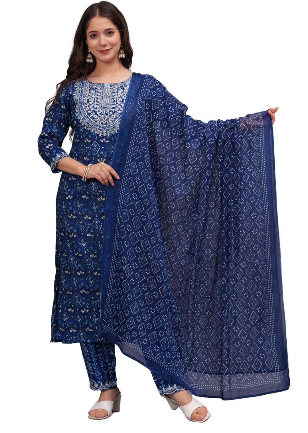 Rytras Women's Embroidered Straight Kurta Set With Palazzo Pants & Dupatta- Ethnic Wear, Blue(Ryt607-New,3Xl)