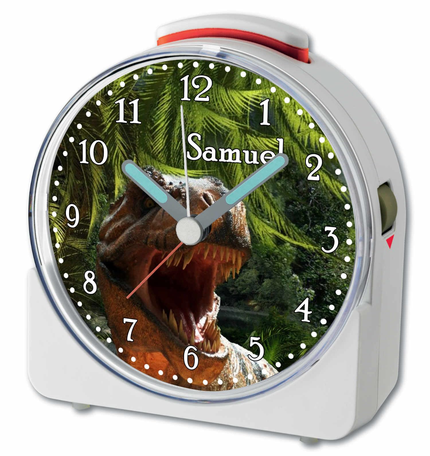 WU-71-1124, T-Rex, analog Kinderwecker weiß, Funkwecker mit Sweep-Uhrwerk und fluoreszierenden Zeiger und Licht, personlisiert mit Namen, 10,2 x 4,6 x 11 cm