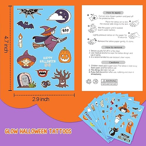 Miniatura 9 de Partywind 10 hojas de tatuajes temporales luminosos de Halloween para niños, decoraciones de Halloween brillantes para fiestas de cumpleaños,
