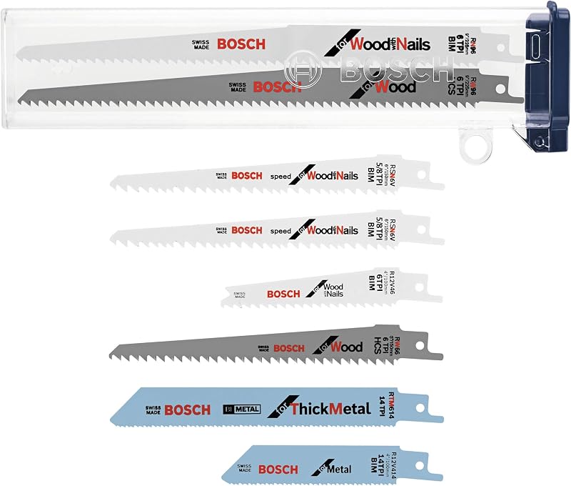 BOSCH RSAP8PK 8-Piece All-Purpose Reciprocating Saw Blade Assorted Set Ideal for Applications in Wood, Wood with Nails, Metal, Drywall, Plastic, PVC