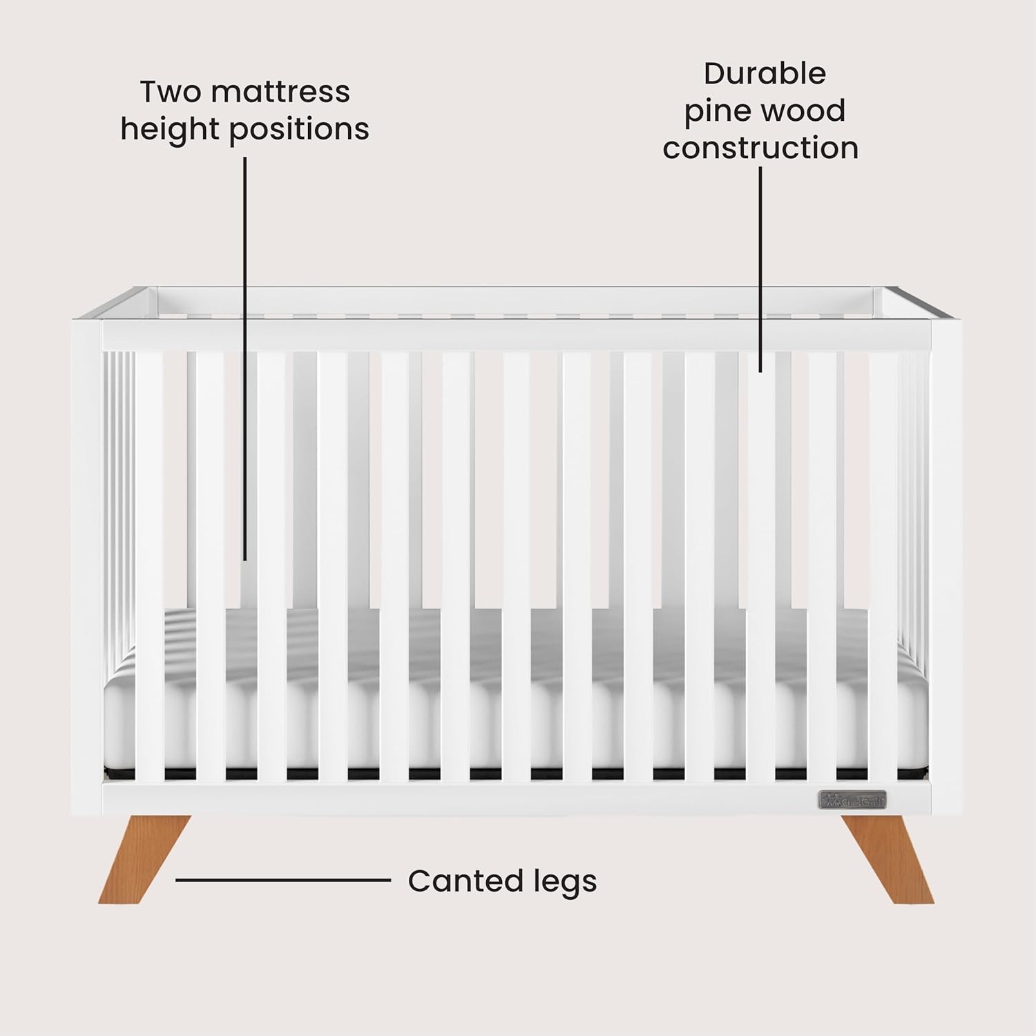 Child Craft SOHO 4-in-1 Convertible Crib, Baby Crib Converts to Day Bed, Toddler Bed and Full Size Bed, 3 Adjustable Mattress Positions, Non-Toxic, Baby Safe Finish (White/Natural)