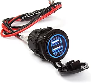Ginsco cargador USB dual, enchufe toma de corriente 2.1A y 2.1A (4.2A) para auto, barco, caravana, con kit de hilo fusible LED azul.