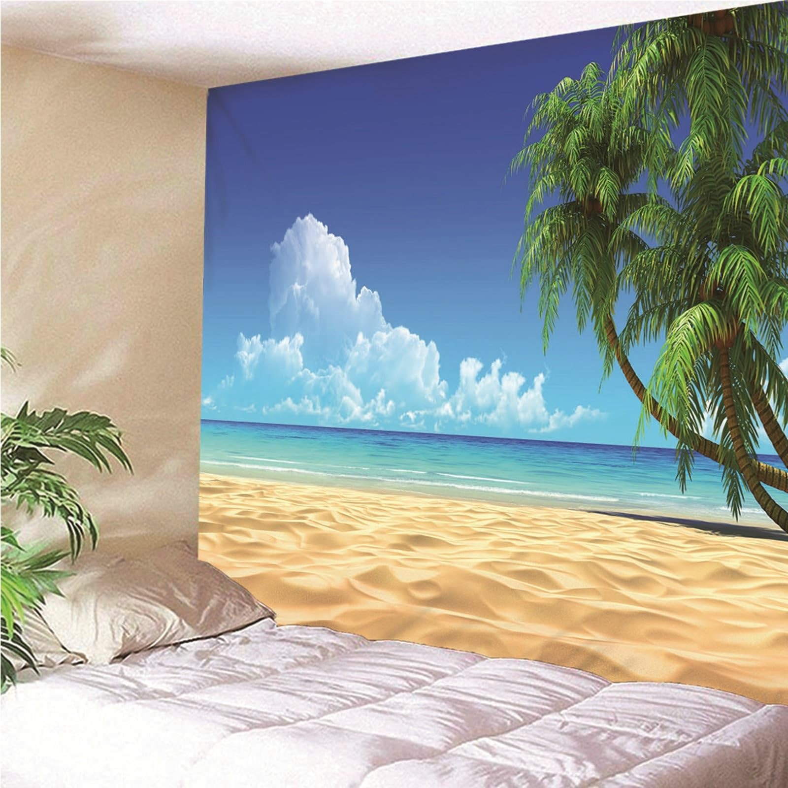 Aeici Tapiz Tela Muro Playa, Tapices Pequeños Pared Tapiz Playa Coconut Tree Océano Cielo- Azul Verde, 300x260CM