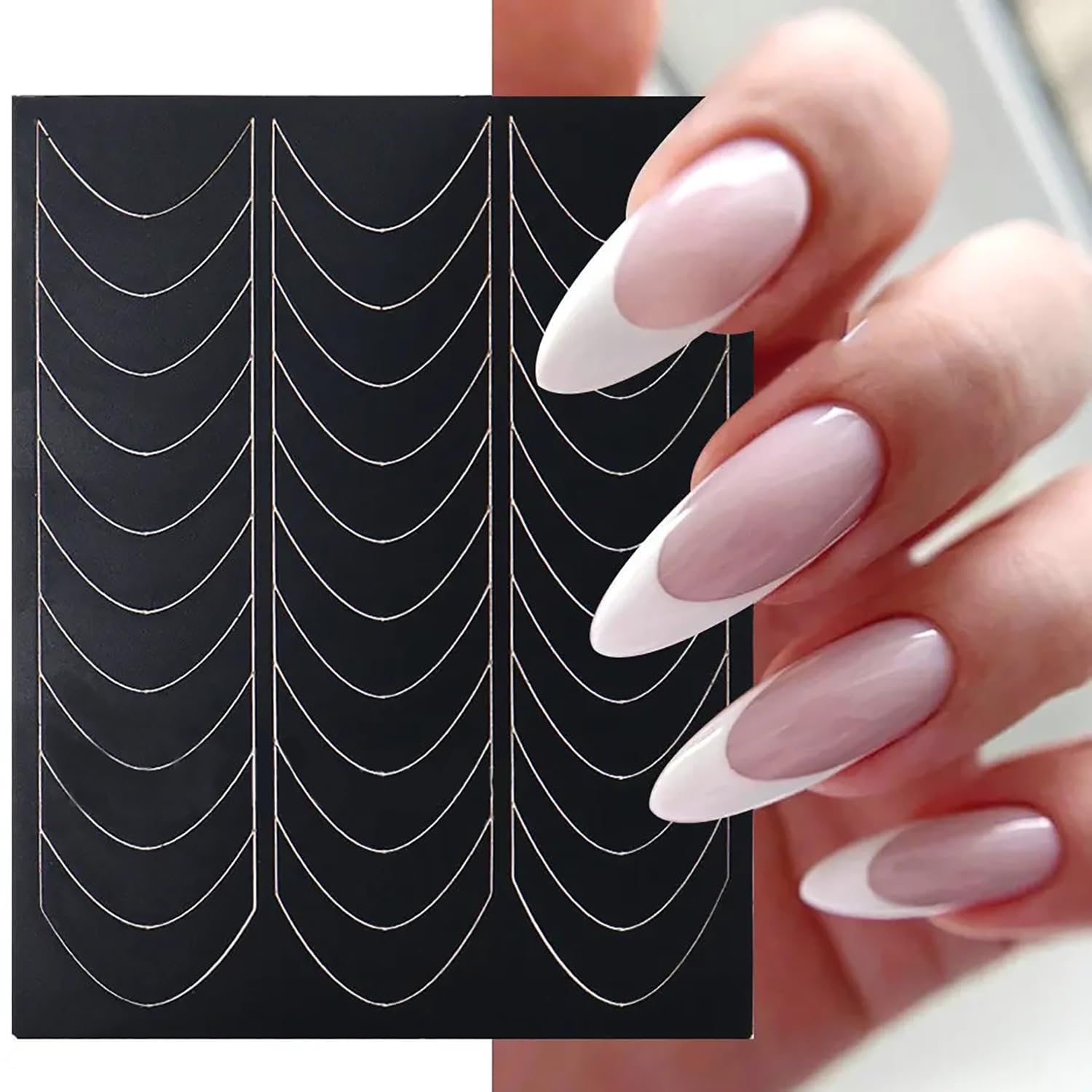 1080pcs French Tip Nail Stickers Moon C-Shaped French Tip Guides French Manicure Strips Nail Design Stickers Nail Stencil for Nail Art Gel French Tip Tool (Black, 36 Sheets)