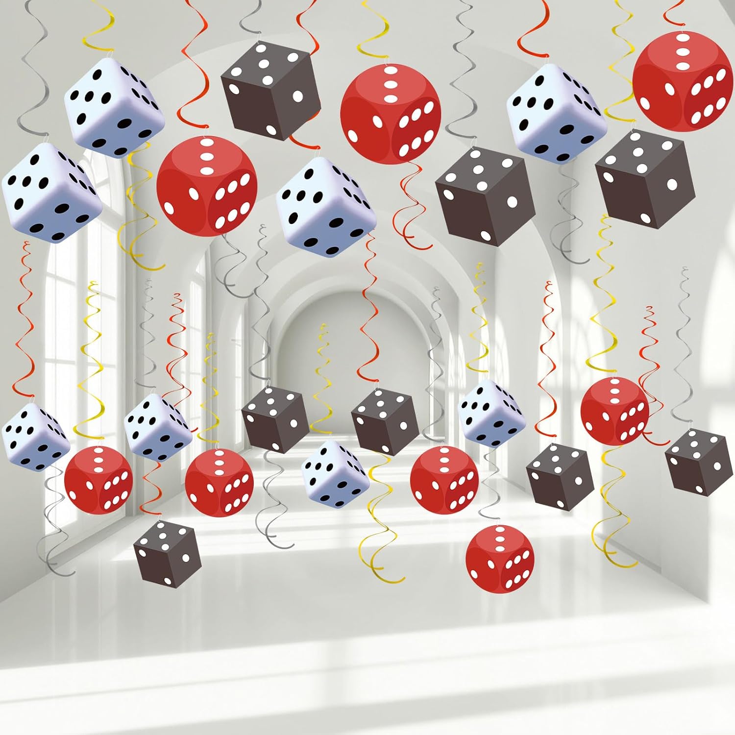 58PCS Casino Dice Hanging Swirls Decorations Casino Night Streamer Red Grey White Dice Paper Cutout Las Vegas Poker Party Decorations for Dice Poker Games Night Birthday Ceiling Supplies