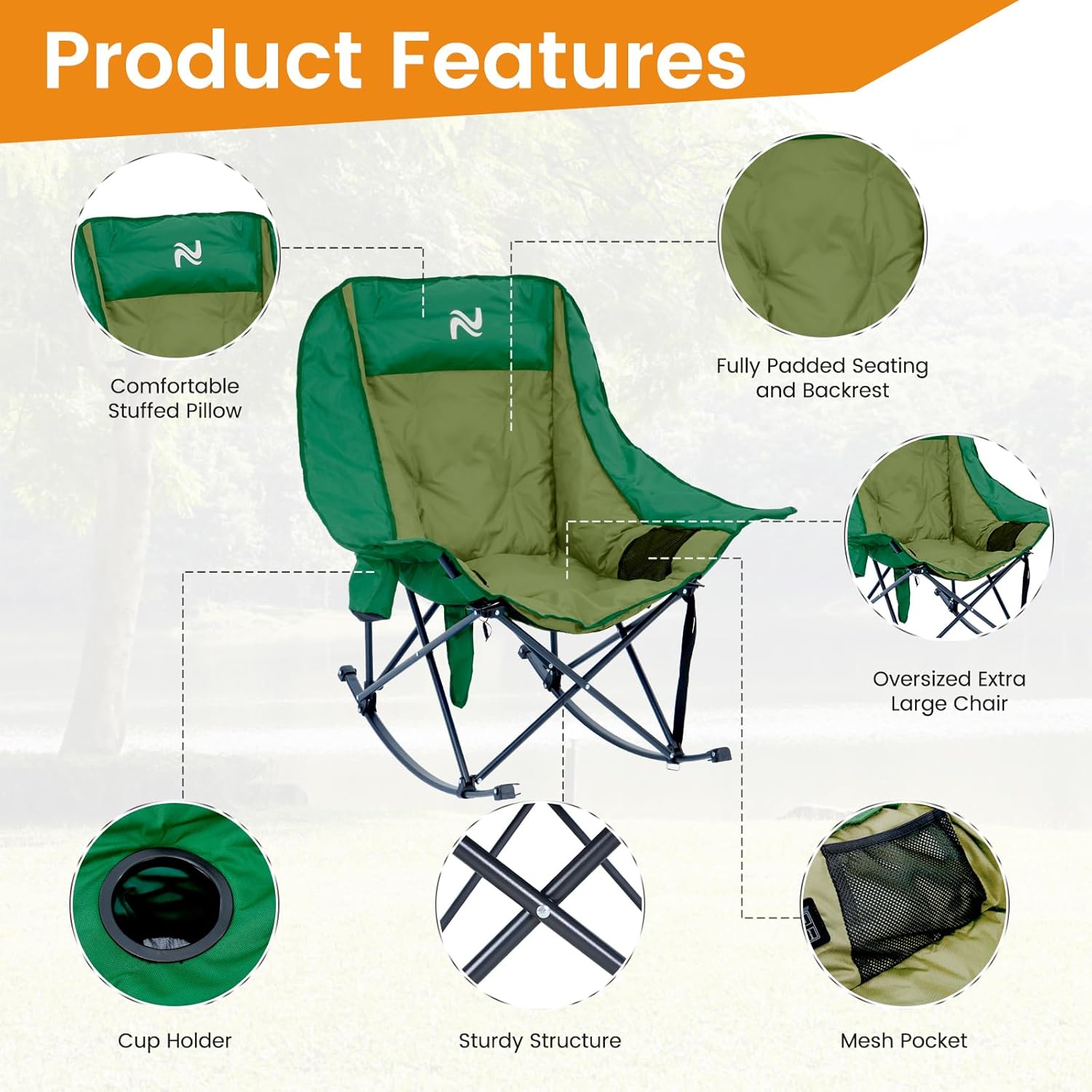 LILYPELLE Oversized Rocking Camping Chair, Fully Padded Patio Chair with Cooler Bag and Side Pocket, High Back Portable Lawn Recliner Rocker Chairs for Camp, Patio, Supports 400 lbs