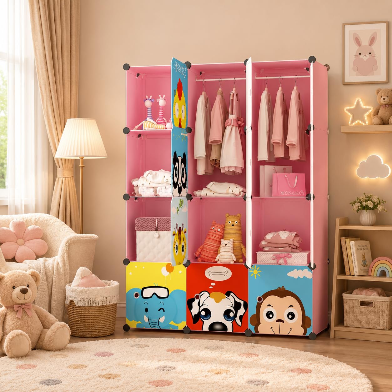 Mevigo Foldable Plastic Wardrobe for Clothes – 12- Door Baby Cupboard for Clothes Storage, Wardrobe for Kids, Plastic Almirah, Collapsible Wardrobe for Kids Livingroom & Home (Pink-HY12, 12- Door)