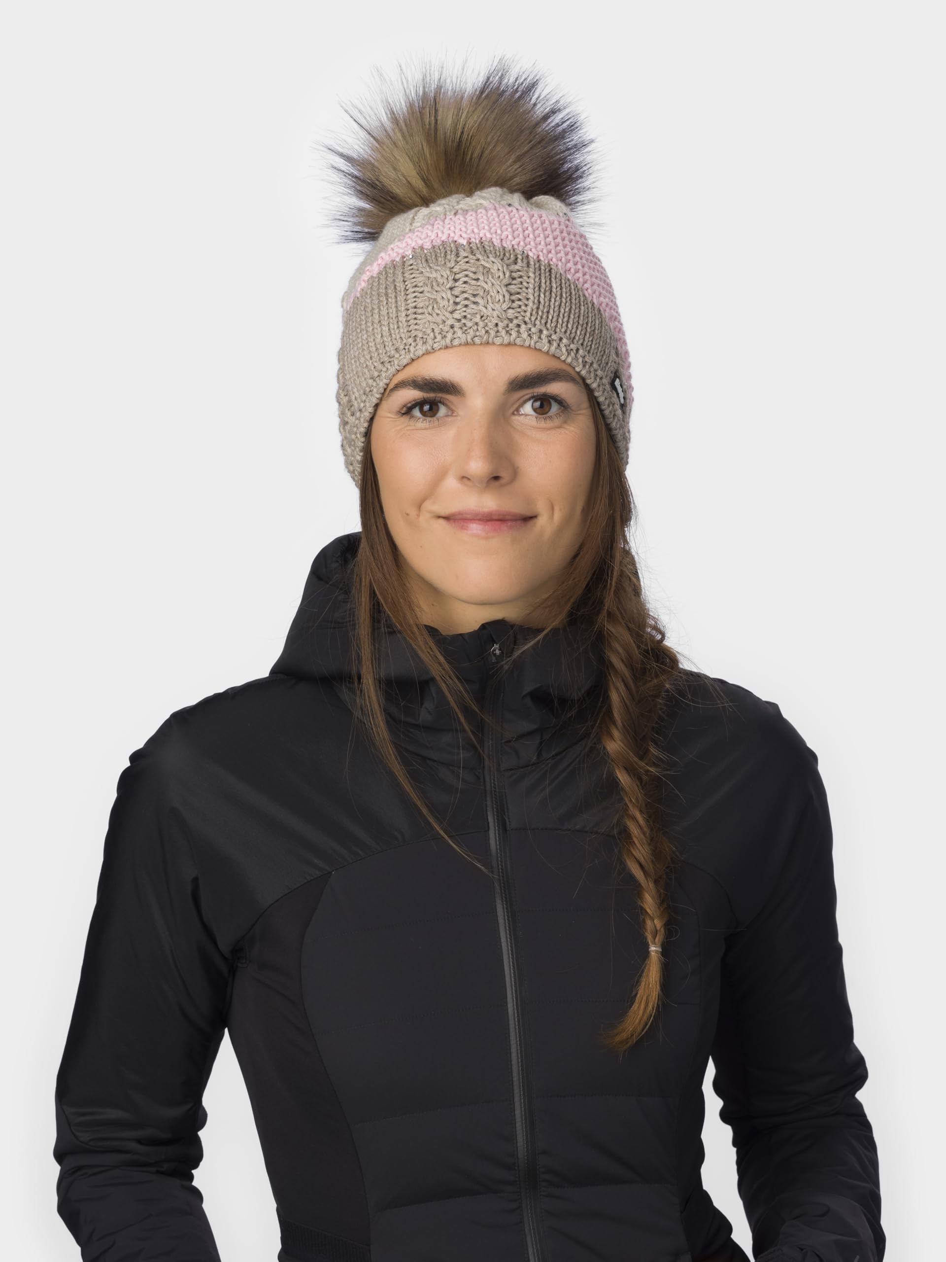 Eisbär Mütze Damen Eden Lux Crystal - Merino Bommelmütze für Frauen - mit Fleece schützt vor Kälte und Wind - Strickmütze mit Pompon aus Kunstfell mit Swarovski Kristallen edle Wintermütze