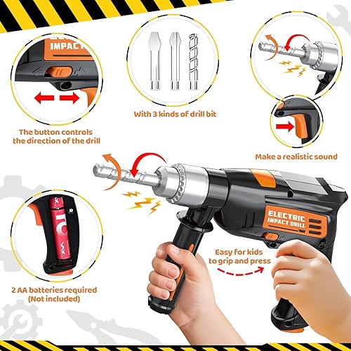 Miniatura 6 de OCHIDO Juego de herramientas para niños con caja de herramientas y taladro de juguete electrónico, 41 piezas de herramientas para niños pequeños,