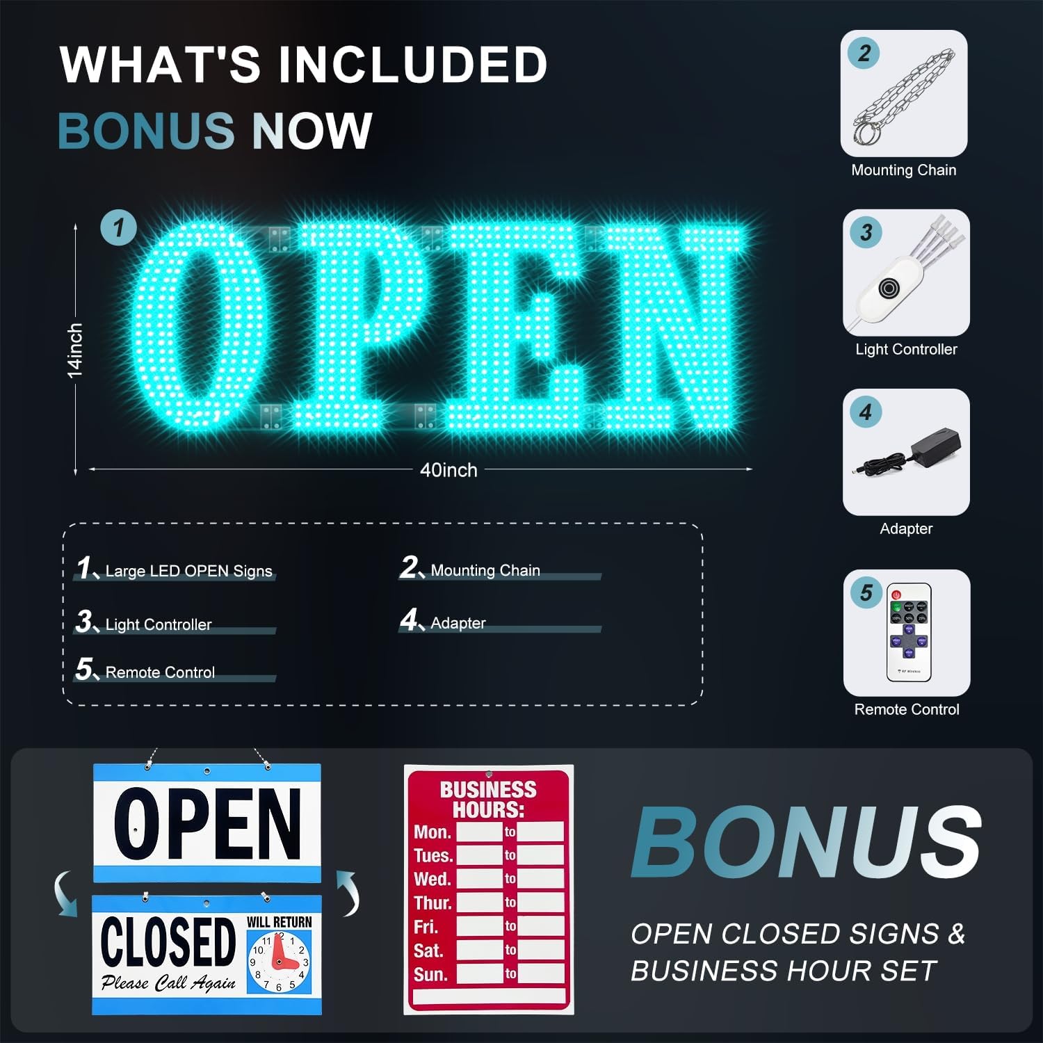 Large LED Open Signs for Buiness with 13 Scene Modes, 40" x 14" Unique Design Ice Blue Open Sign for Business Hour Open Sign for Window Stores Retail and Restaurant