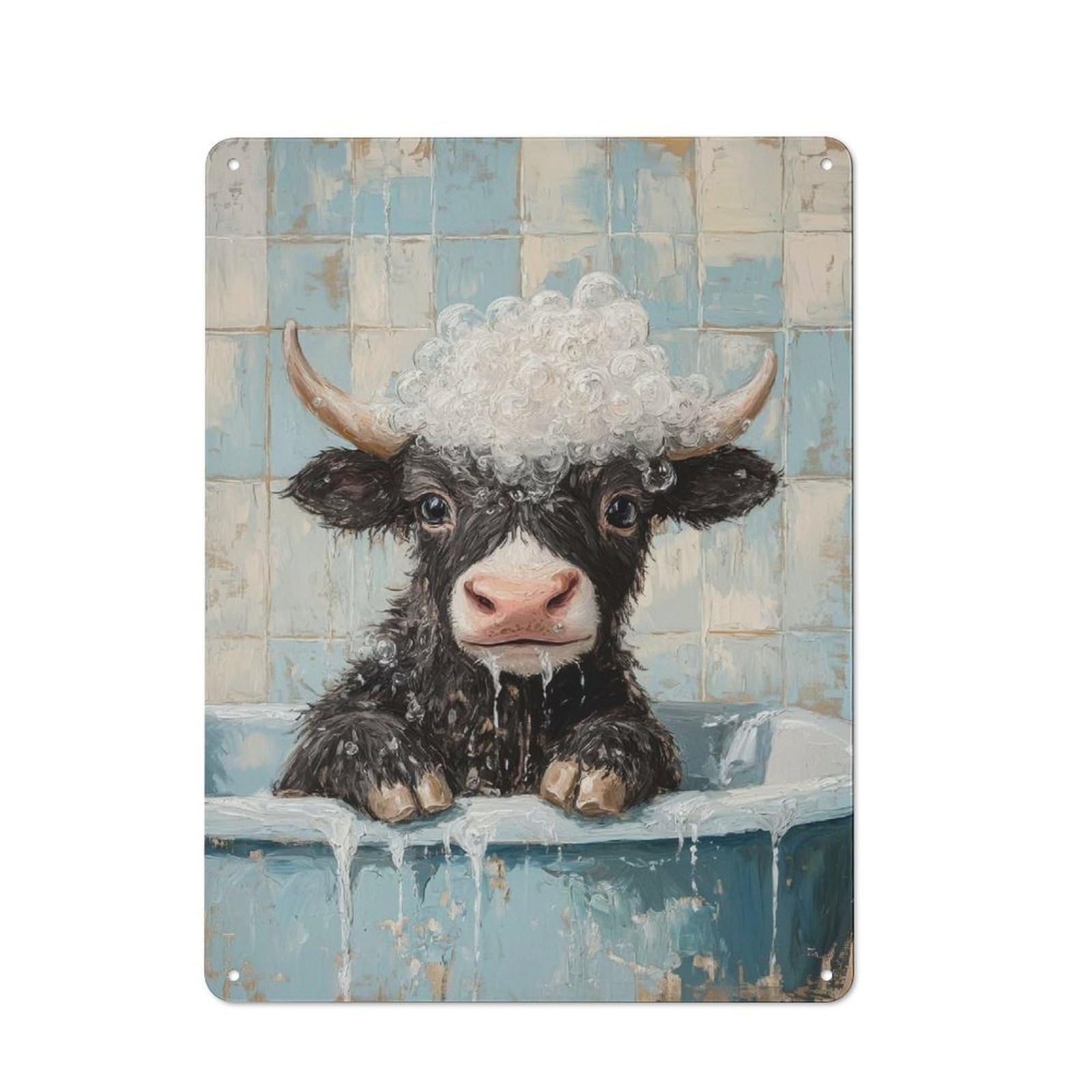 Junmoney Style-5 Metal Wall Sign 40X30cm Featuring Yak In A Bath For Pub Or Café, Housewarming Wall Decor For People Furnishing Pub And Café
