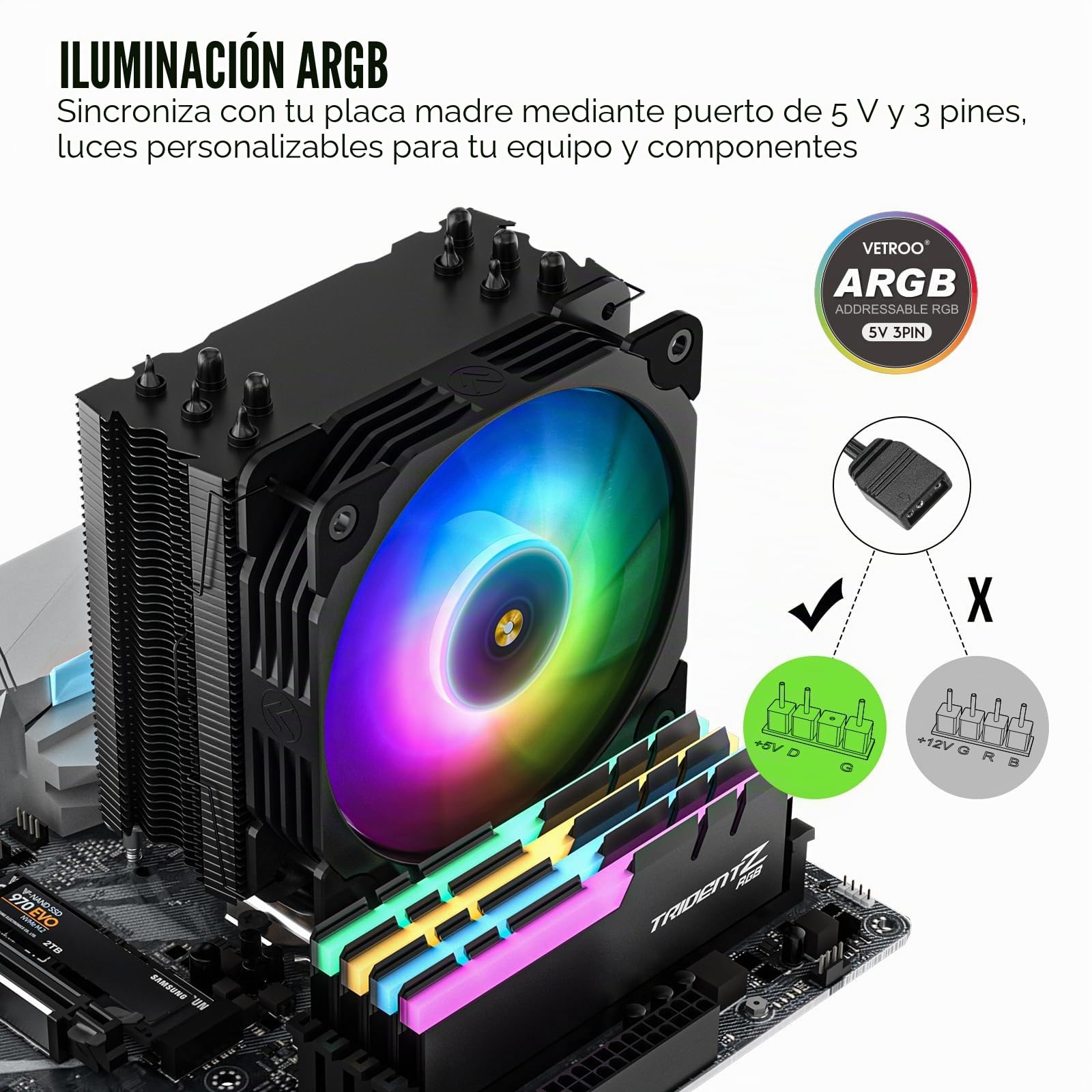 Vetroo Enfriador de aire de CPU V5 con 5 tubos de calor de 120 mm PWM para Intel LGA 1700/1200/115X AMD AM5/AM4 con sincronización de luces RGB direccionables (V5, negro)