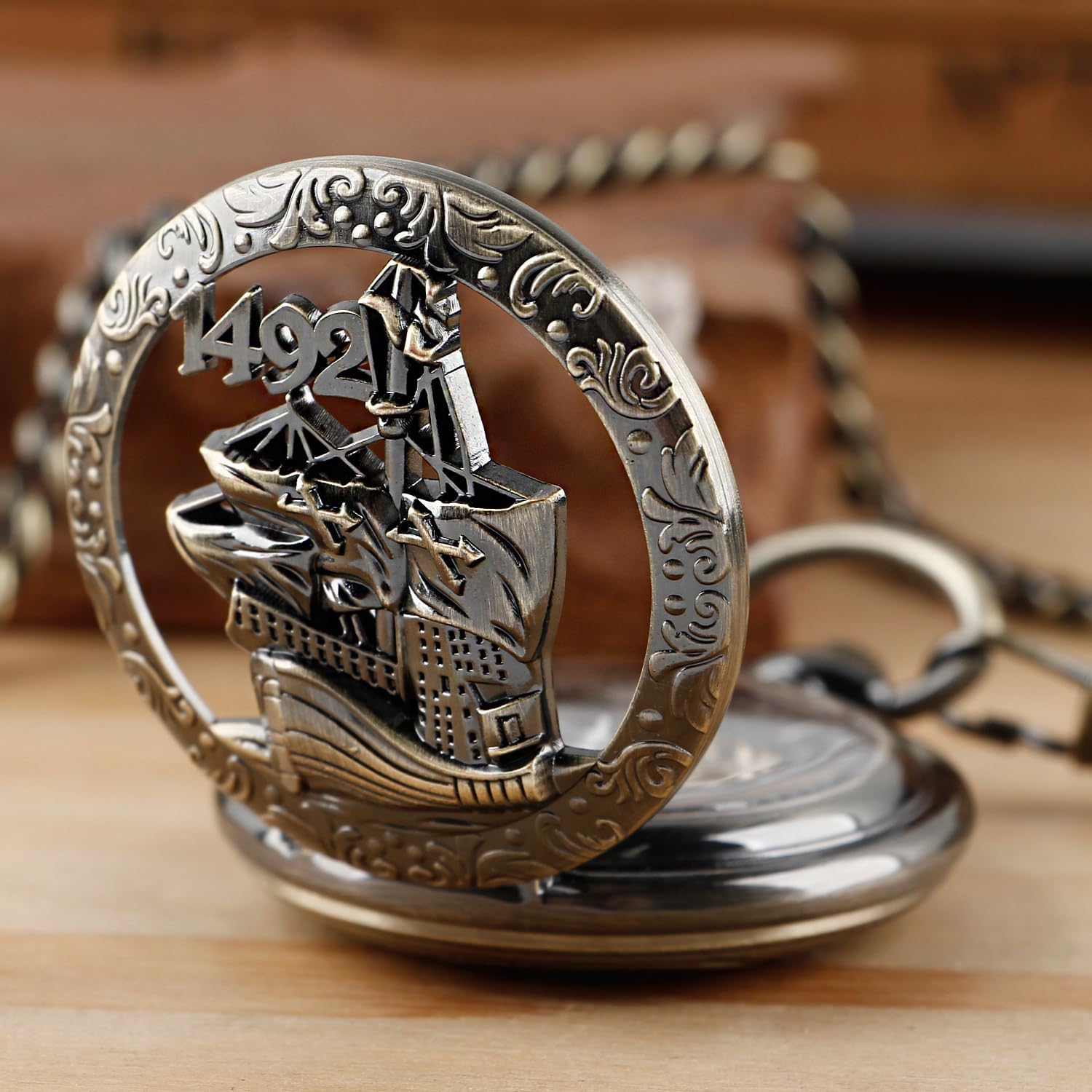 Tiong Bronze Transparent Cover Pattern Design Mechanical Pocket Watch, Men's Mechanical Movement Arabic Numeral Dial Single Opening Pocket Watch