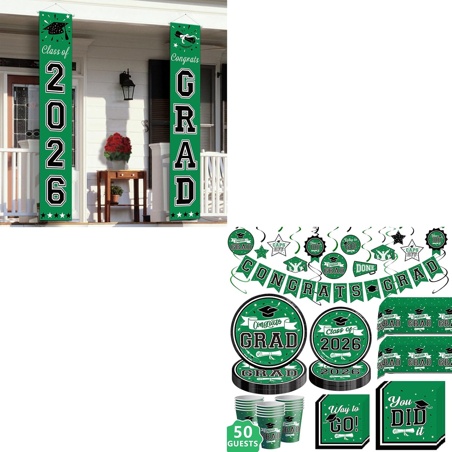 DAZONGE 2026 Graduation Decorations Green, Congrats Grad Porch Banner, 2026 Graduation Party Decorations for 50 Guests