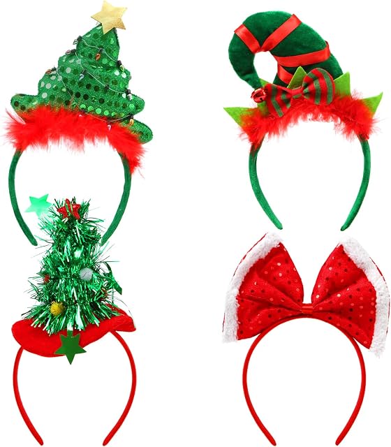 ELCOHO Christmas Costume Headbands Elf Party Hats Christmas Tree Headband Christmas Bow Headband for Adult Kids Holiday Decoration