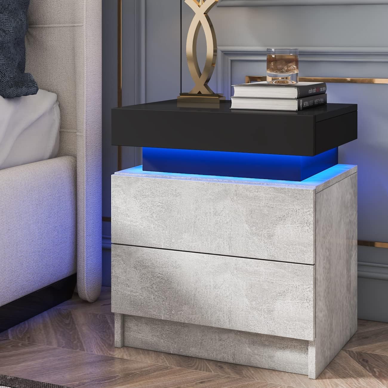 HOMMPA LED Nightstand Grey Nightstand with Led Light Modern LED Bedside Table with 2 Matte Drawers Wood Led Night Stand Table for Bedroom 20.5" Tall