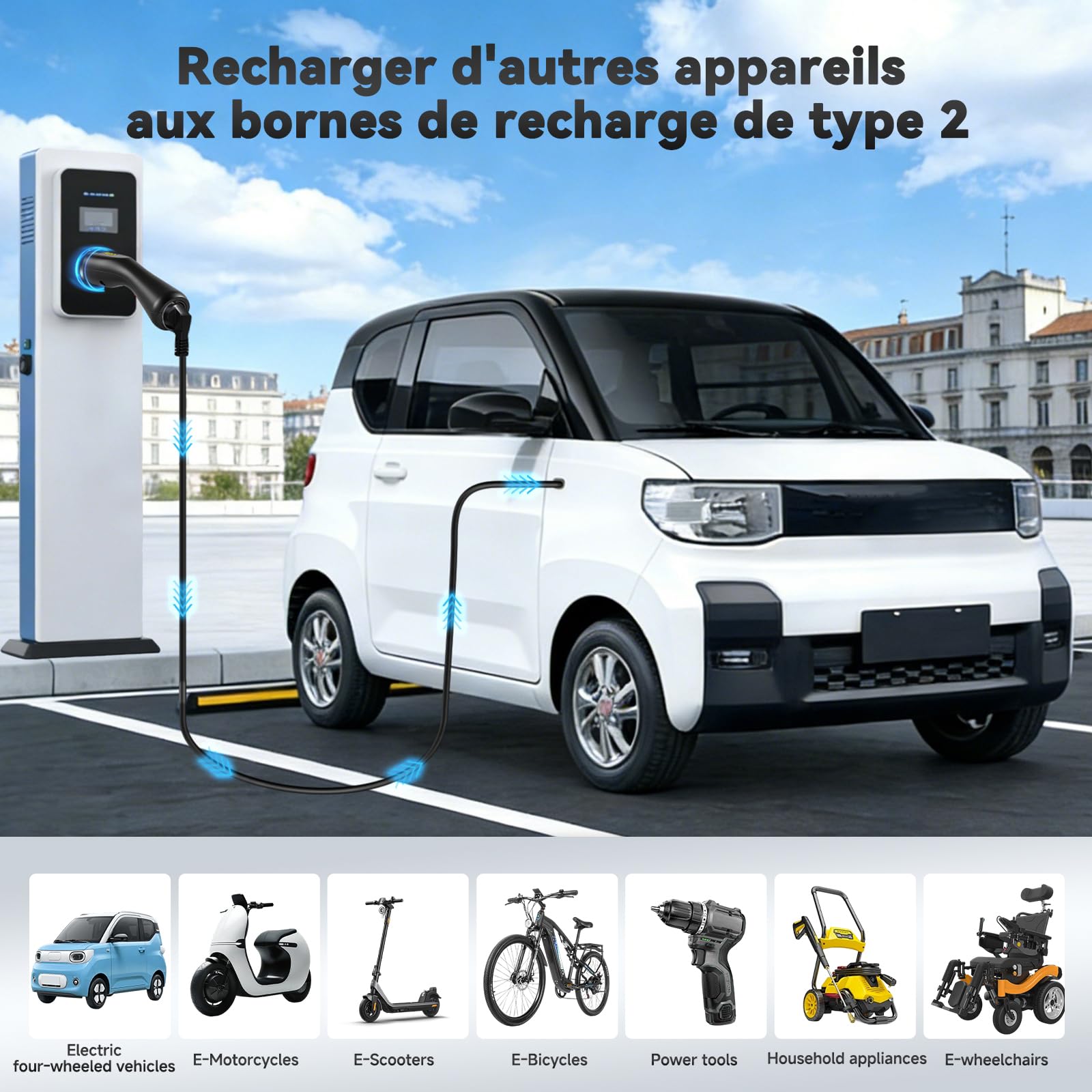 JULIK Adaptateur Type 2 vers Schuko 16A 3,7 KW – Adaptateur Wallbox AC avec Électronique Start/Stop & Déverrouillage – pour Bornes de Recharge Type 2 (IEC 62196-2)