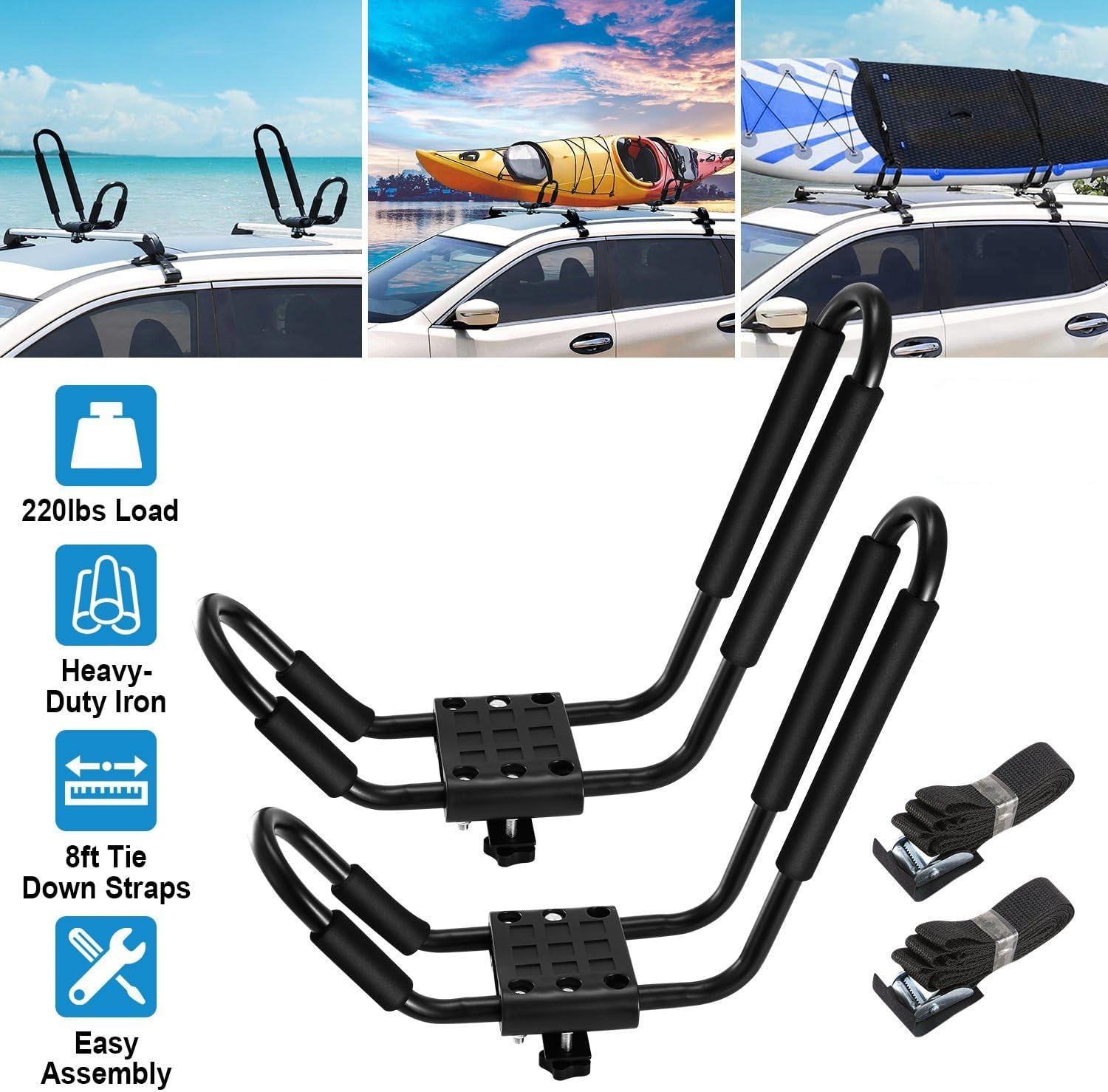 Universal Rack, 1 Pairs-Bar Rack HD Kayak Carrier for Canoe, Paddle Boards, Skiboard, Surfboard Mount Car SUV Crossbar with 2 pcs Tie Down Straps