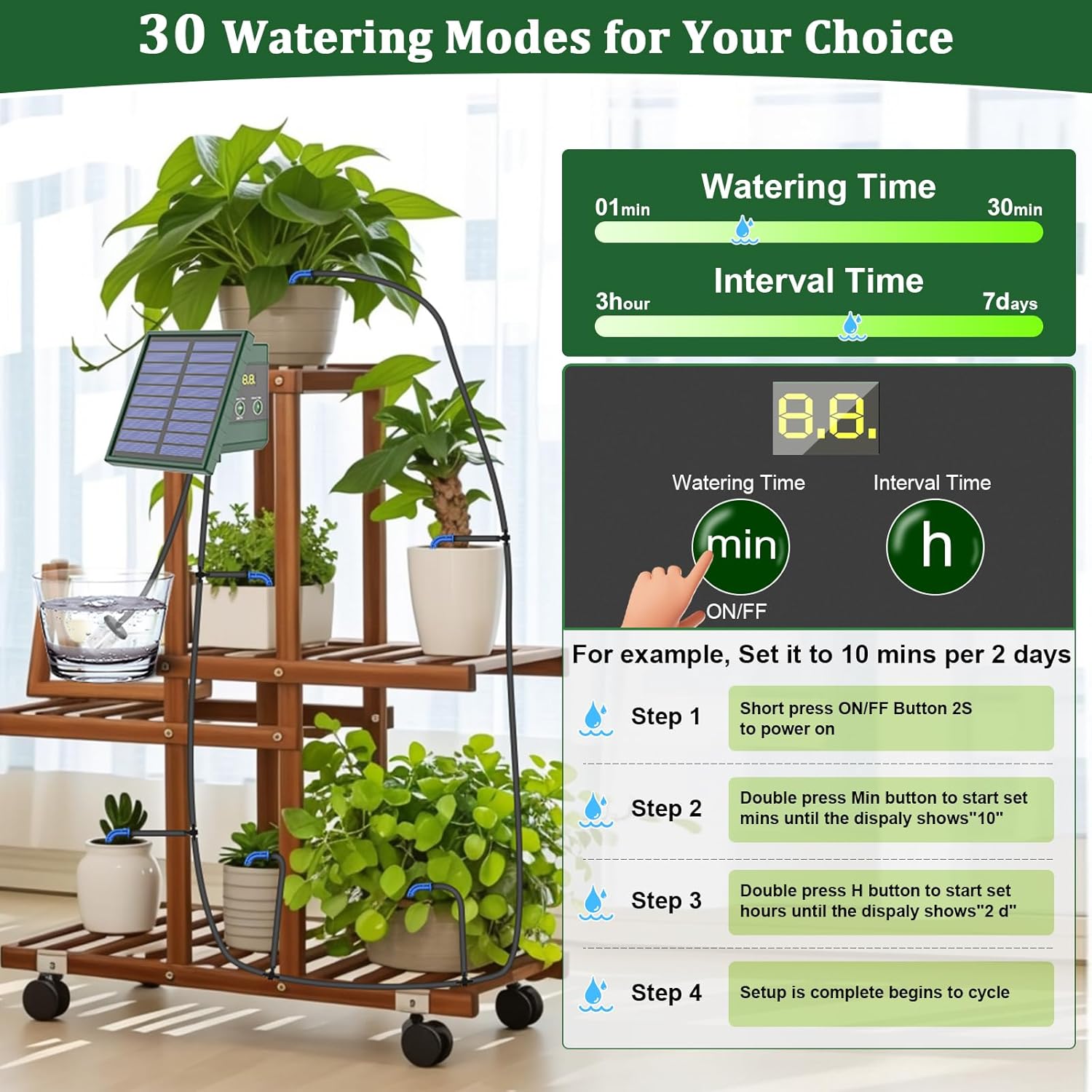 Solar Drip Irrigation System for Garden, 30 Timing Modes Automatic Drip Irrigation Kit Solar Irrigation System Garden Watering System Supports 10 Pots Plants for Indoor & Outdoor