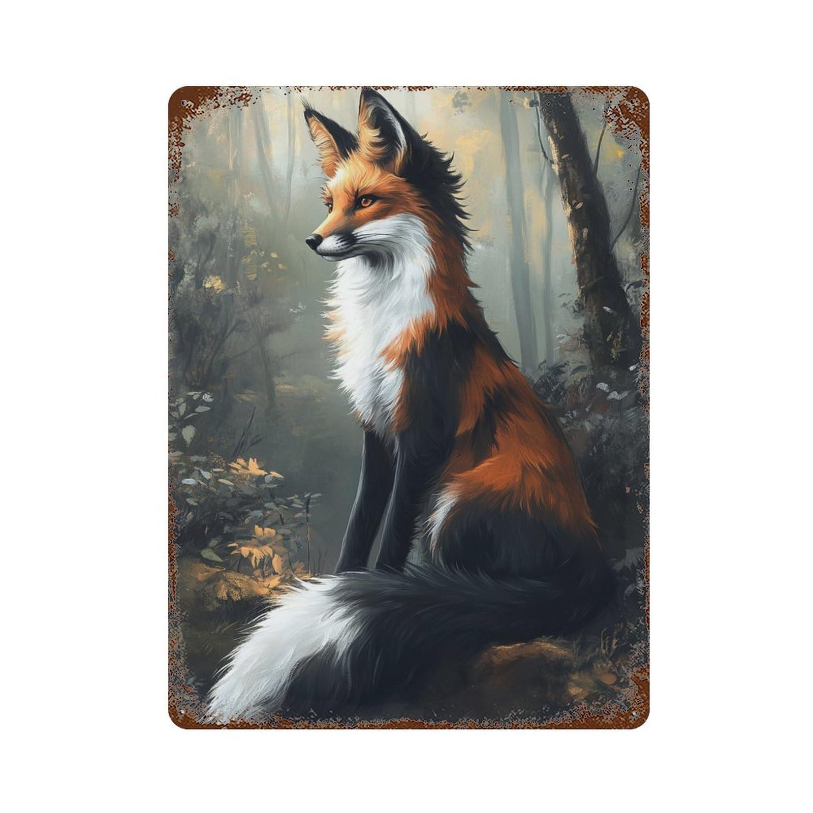 Distressed Metal Wall Sign Misty Forest Fox 15.7"x11.8", Old School Wall Decor for Bistro, Counter And Cafe Decor