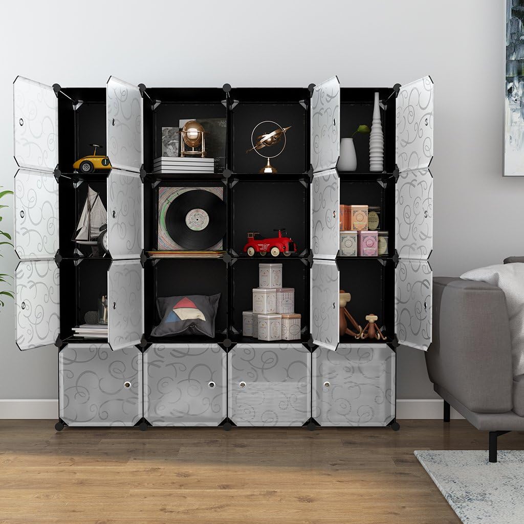 LANGRIA 16-Cube DIY Shoe Rack, Storage Drawer Unit Multi Use Modular Organizer Plastic Cabinet with Doors, Black and White Curly Pattern