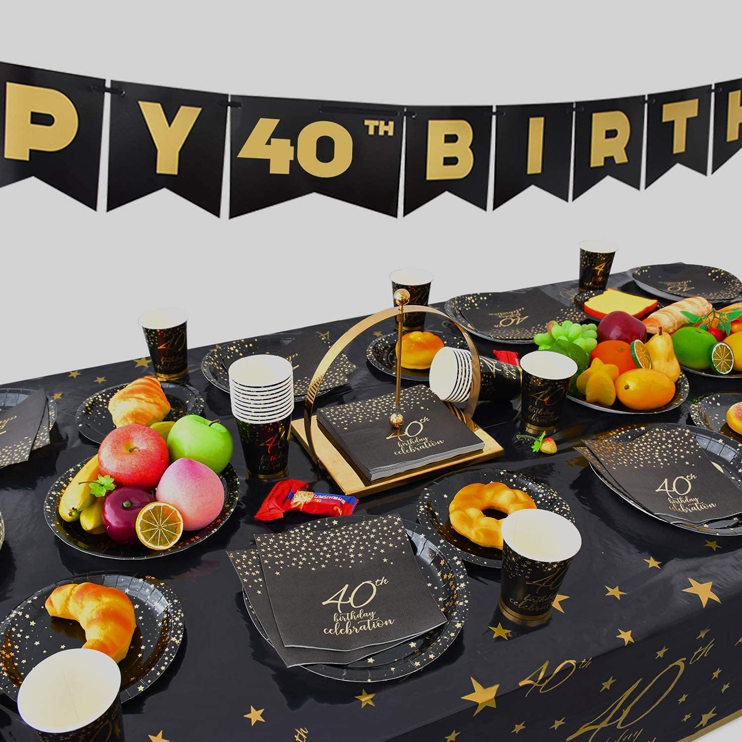 Gatherfun 40th Birthday Party Supplies Disposable Paper Plates Napkins Cups Knives Spoons Forks Tablecloth Banner Number 40 Balloons for Men Woman Black and Gold 40 Birthday Party Decorations Serve 25