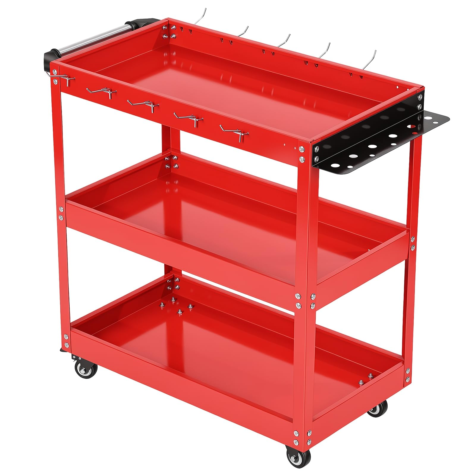 3-Tier Rolling Tool Cart, Heavy Duty Metal Utility Cart with Side Hooks, 330lbs Load Capacity, 4 Wheels & Handle for Garage Warehouse Workshop Red
