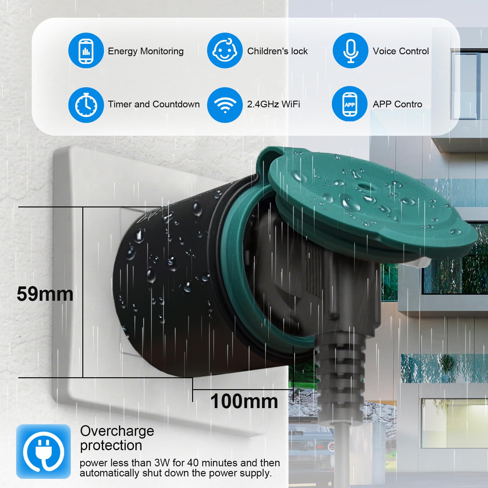 ANTELA Prise Connectée WiFi Extérieure IP44, Mesure de Consommation Électrique, Compatible avec Alexa, Google Home, Smart Life APP, 2.4GHz, 2 Pièce