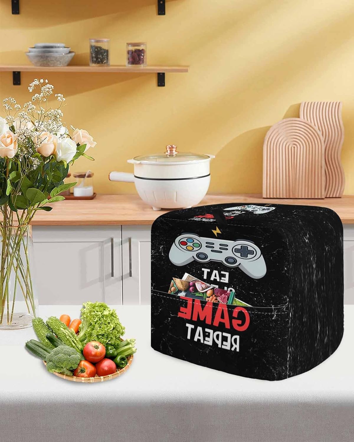 Cartoon Games Stand Mixer Cover with Storage Pocket, Waterproof Kitchen Mixer Covers, Black Modern Funny Abstract Art Kitchen Appliance Dust Cover Compatible with 6-9 Quart Mixers