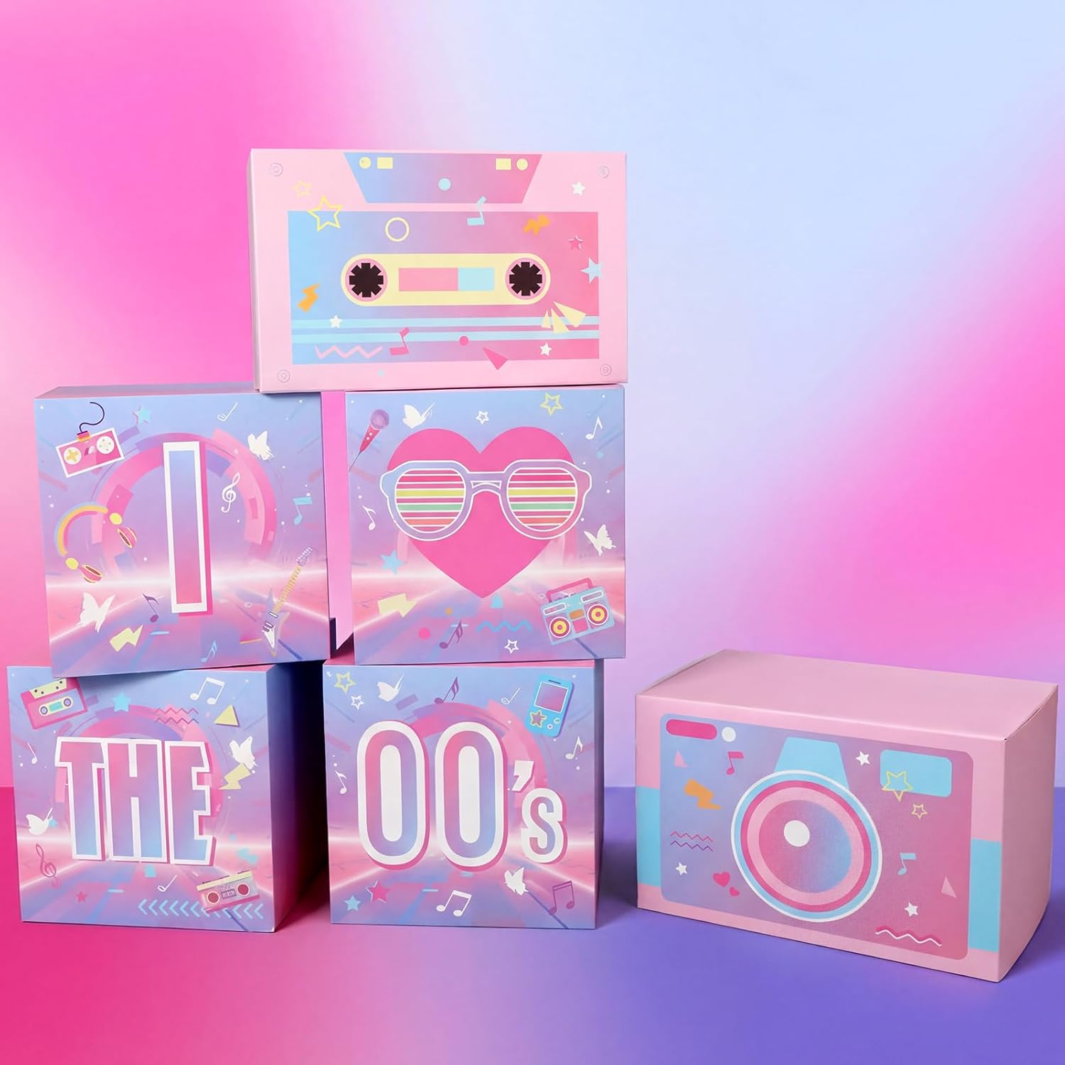 Amyhill 6 Pcs Large 80s Party Decorations Hip Hop Favor Set Paper Party Boxes Novelty Disco Theme Decoration for Retro 1980s 1990s Theme Birthday Neon Disco Music Supplies