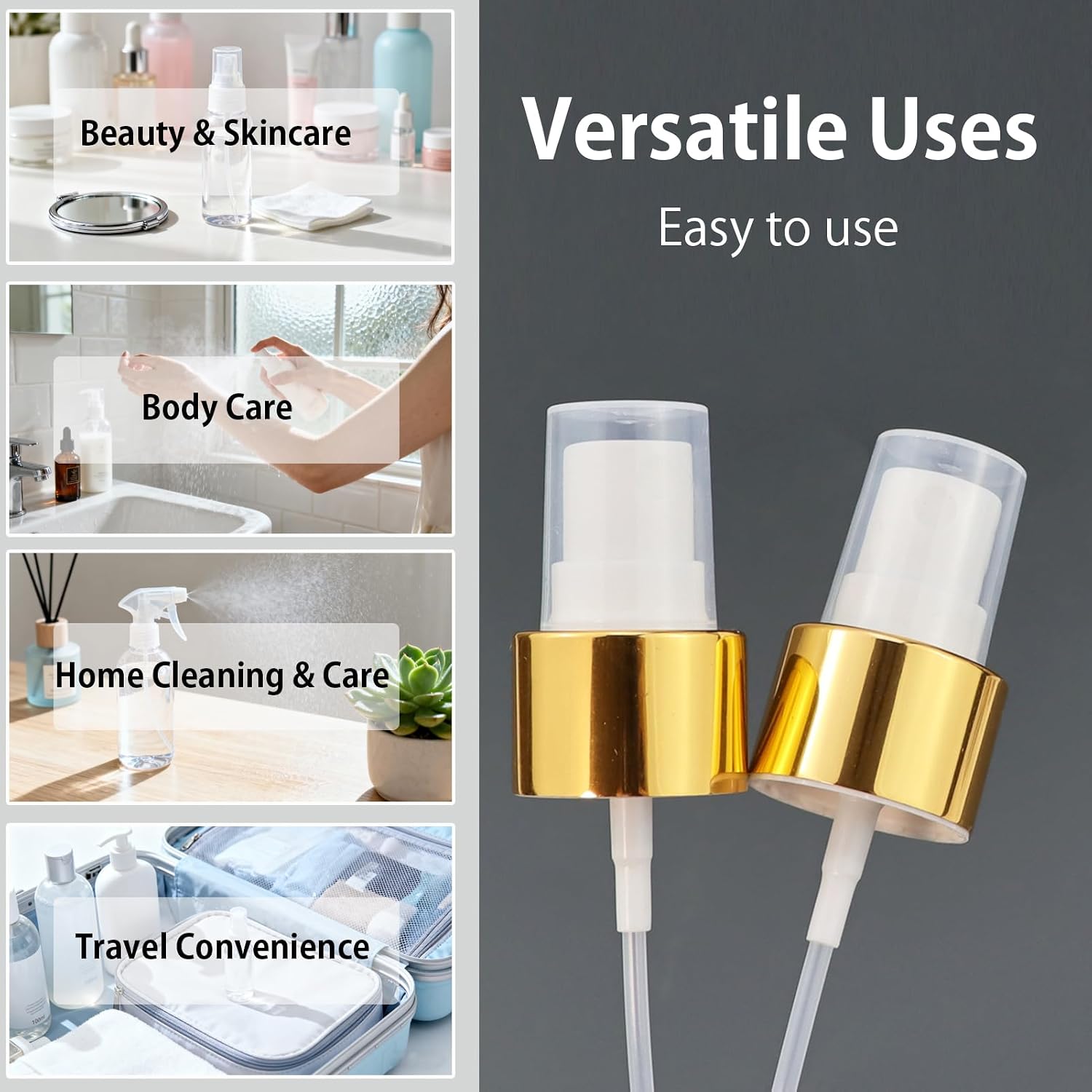 12-Pack Spray Bottle Top, 24/410 Fine Mist Sprayer Tops, Reusable Replacement Spray Bottle Pump Plastic Top for Cosmetic Perfume and Body Sprays Bottle, Gold Clear