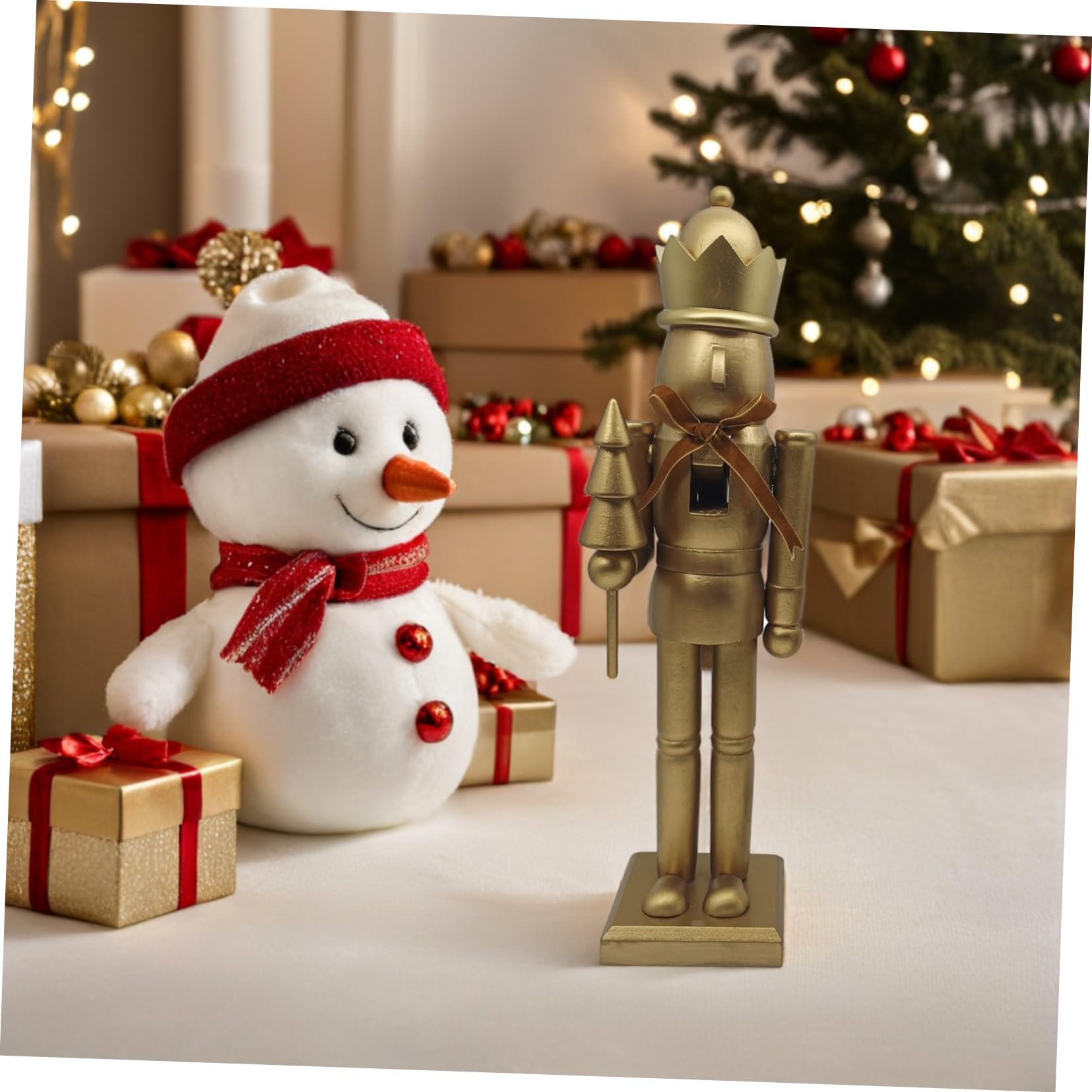 Drewniany Nutcracker Żołnierz z Złotą Kokardą Klasyczna Świąteczna Dekoracja Kominek i Stół Figurka Bożonarodzeniowa Xmas Celebration