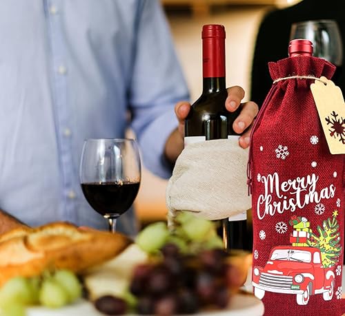 Miniatura 5 de 24 bolsas de vino de arpillera de Navidad, bolsas de regalo de vino, bolsas para botellas de vino con cordón y cuerda de etiqueta, fundas