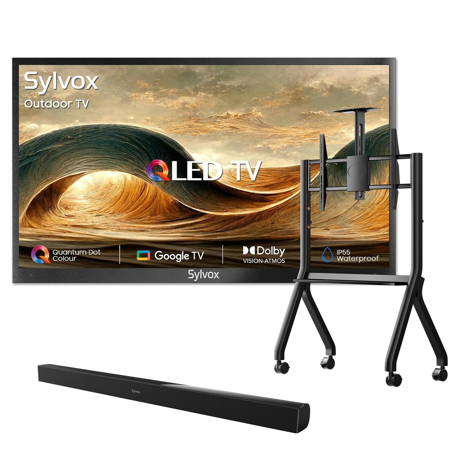 SYLVOX Outdoor TV with Rolling Stand Soundbar 55 inch 4K UHD QLED Smart TVs Weatherproof IP55 Waterproof 1000