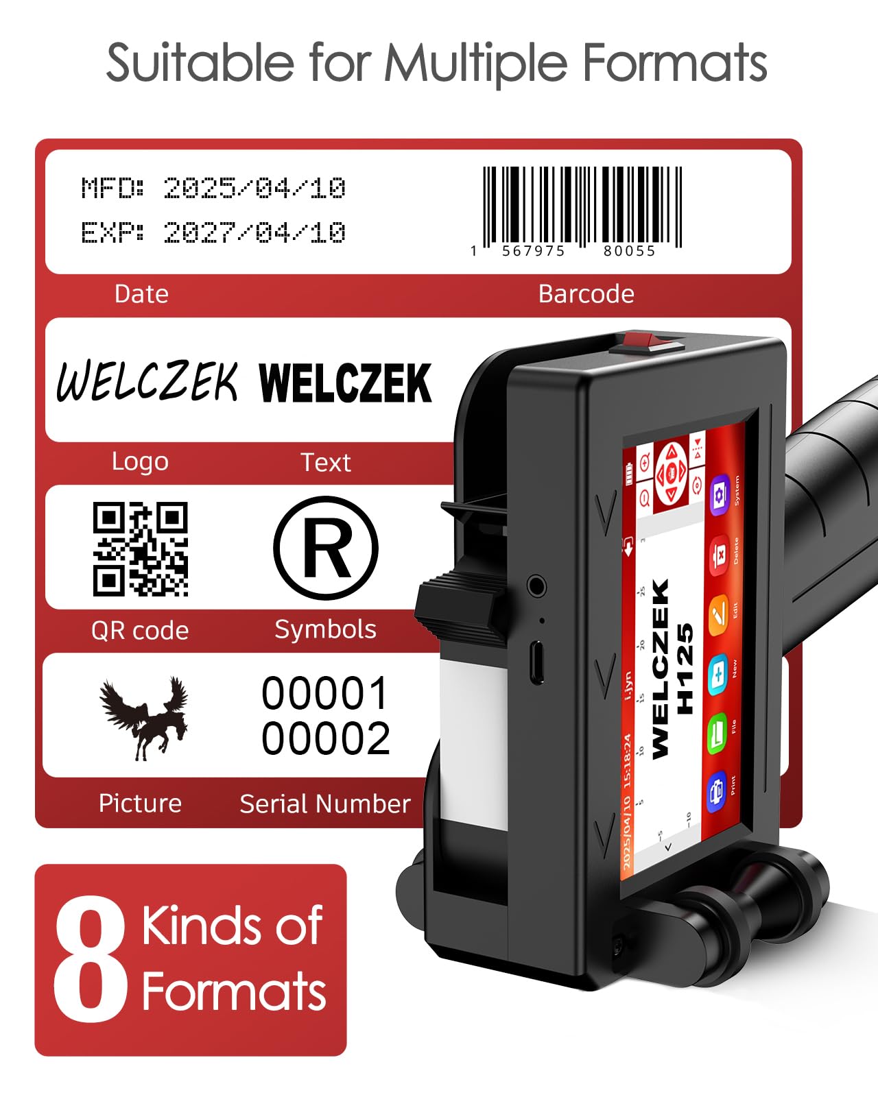 H125 Stampante a Getto d'Inchiostro Portatile e Manuale per Testo/Logo/Codice QR/Data/Lotto/Serie | Sistema di Marcatura Industriale su Cartone/Metallo/Plastica/Ceramica/Legno/Tessuto