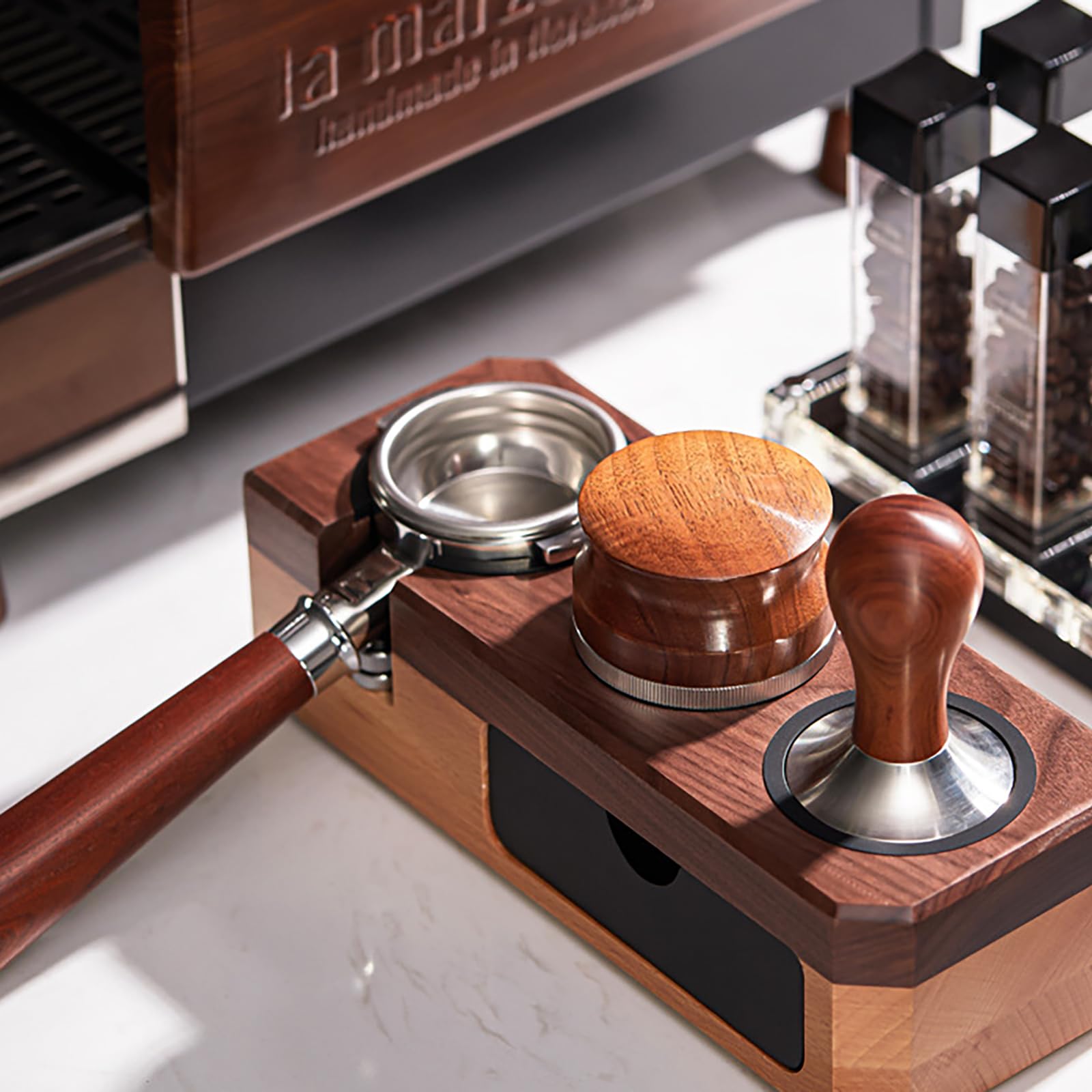 Joyeee Stazione di pressatura per espresso, 58 mm, 54 mm, 51 mm, in legno, accessorio per macchina da espresso, strumenti da barista, regolabile (accessori non inclusi)