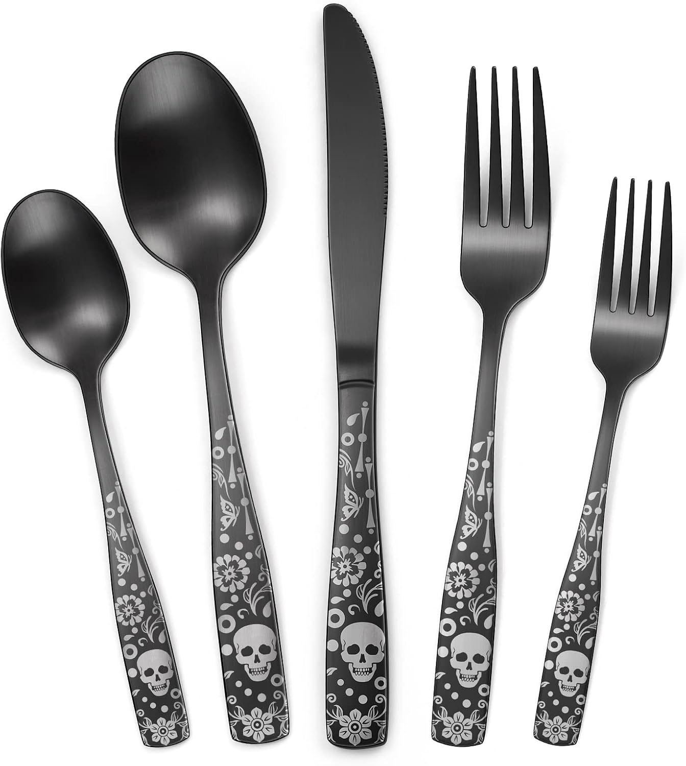 Pattern Matte Silverware Set for 8,40 Piece Gothic Black Flatware set,Skeleton Flower Bat Unique Pattern Design,Skull Knive Fork Spoon Spooky Utensils Cutlery,Halloween Party Supplies Event Tab