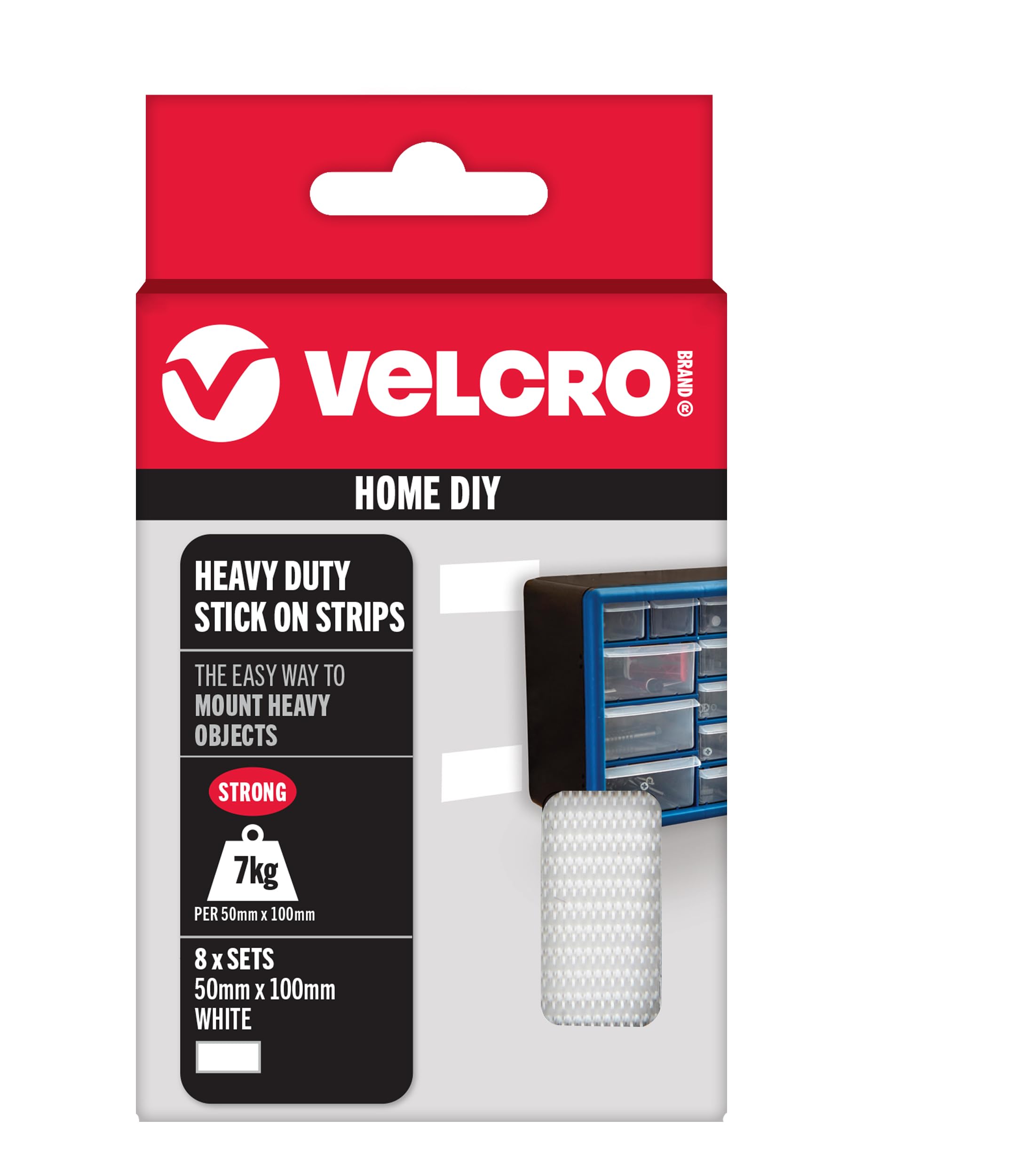 Velcro Brand Heavy Duty Stick On Strips, White 50mm x 100mm, Set of 8