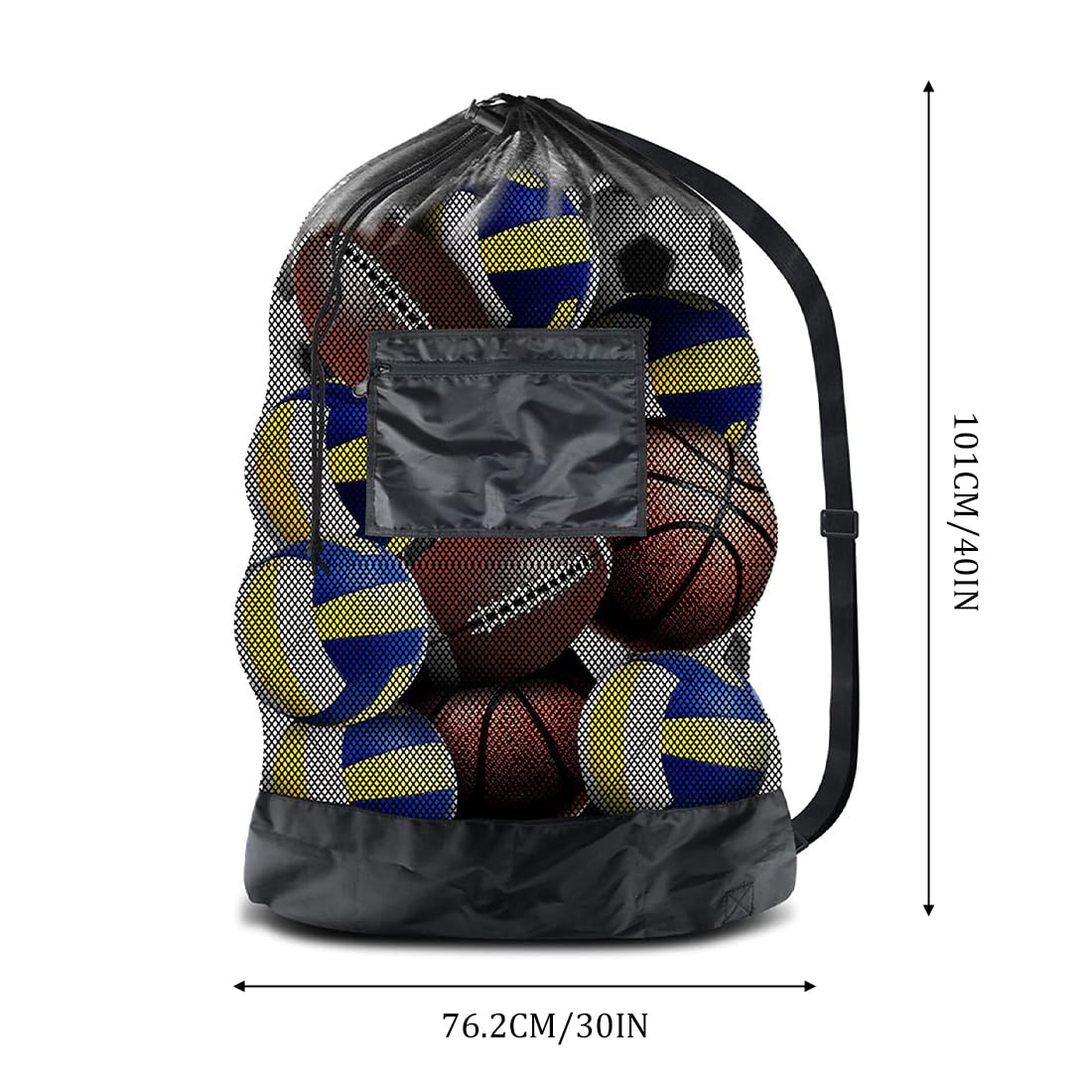 Sac Filet JTKREW Extra Large Pour Ballons – Capacité 12-15 Balles, Cordon De Serrage, Bandoulière – Noir