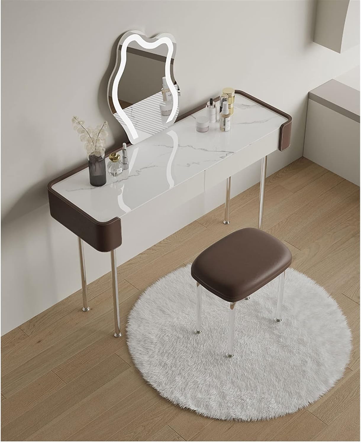 Vanity Dressing Table Set Luxury Makeup Bench with 3 Colors Led Hd Mirror,Comfortable Stool Drawers Cabinet,Modern Simple Style,for Girl's Gift (Size : 120CM) ()